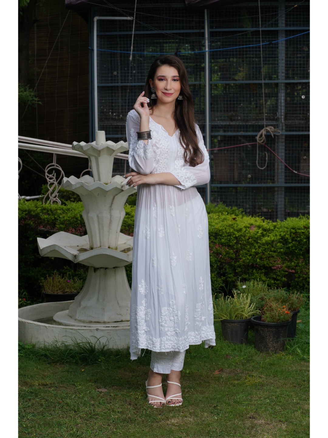 Saadgi hand embroidered chikankari pure crape White gown kurta set