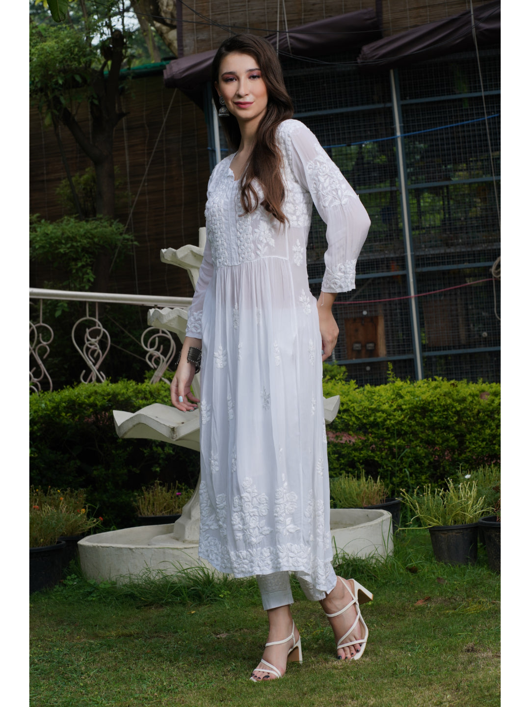 Saadgi hand embroidered chikankari pure crape White gown kurta set