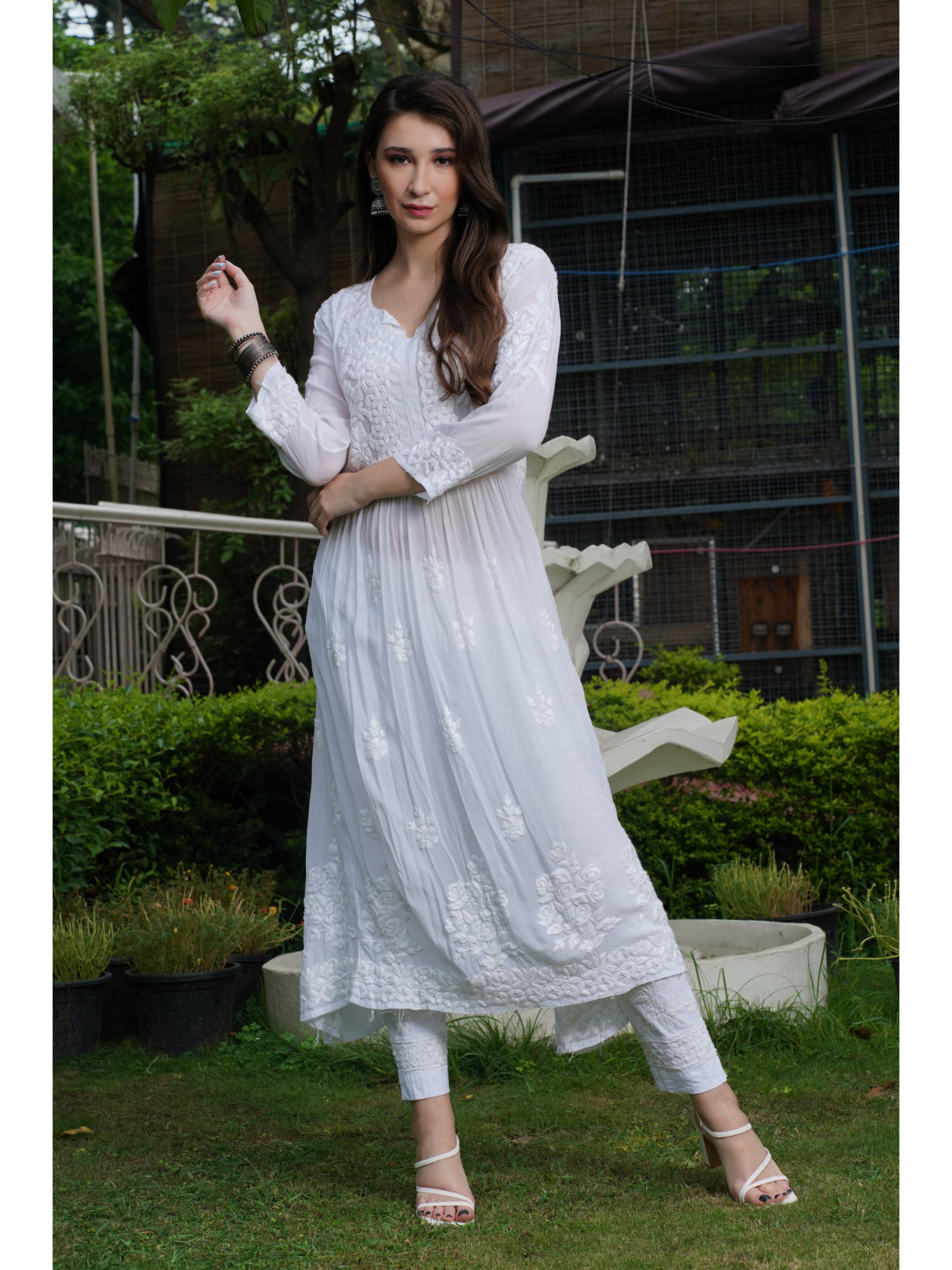 Saadgi hand embroidered chikankari pure crape White gown kurta set