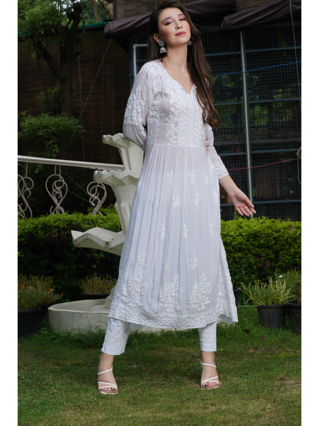 Saadgi hand embroidered chikankari pure crape White gown kurta set