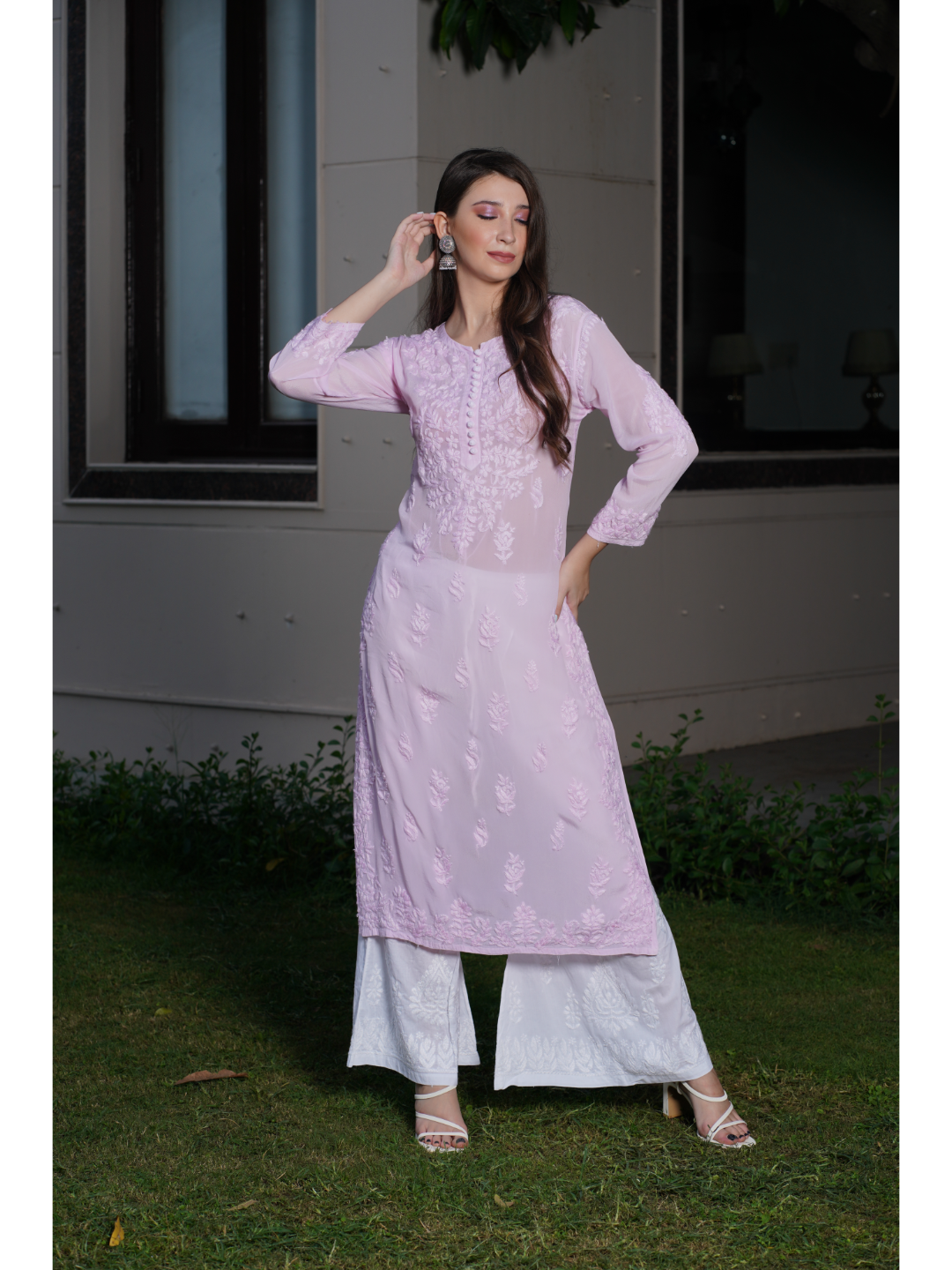 Saadgi hand embroidered chikankari pure crape Light Pink kurta set