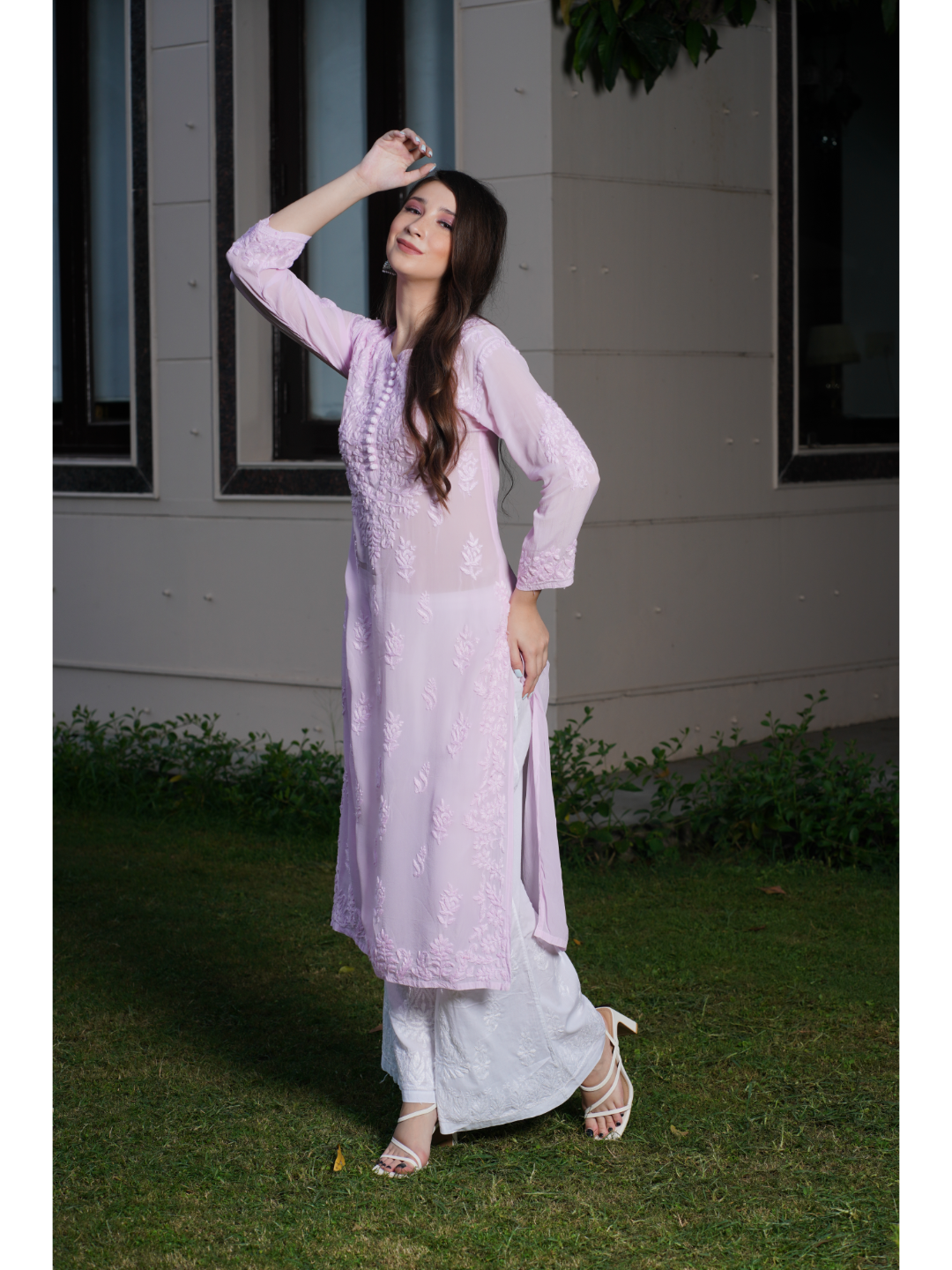 Saadgi hand embroidered chikankari pure crape Light Pink kurta set