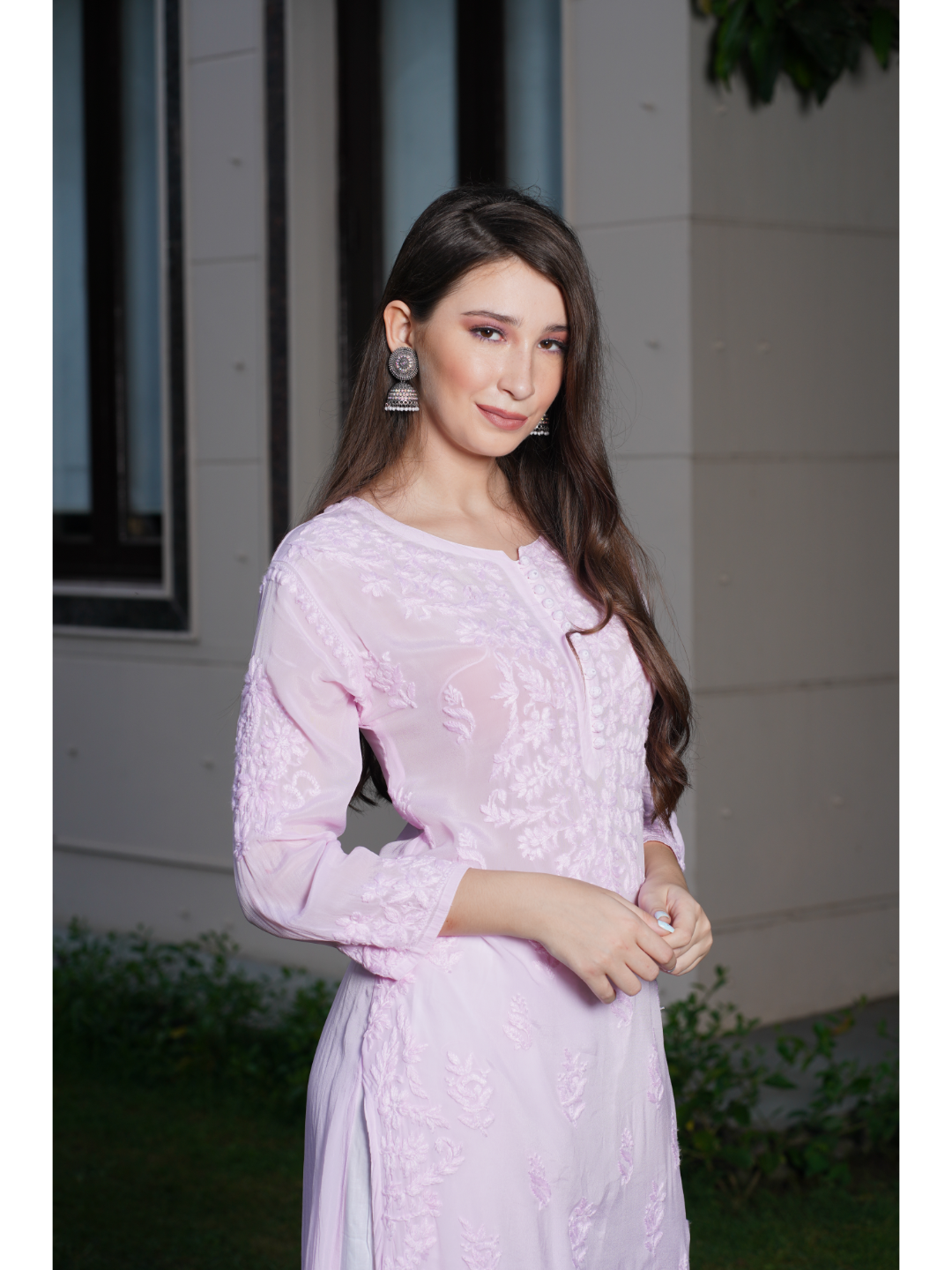 Saadgi hand embroidered chikankari pure crape Light Pink kurta set