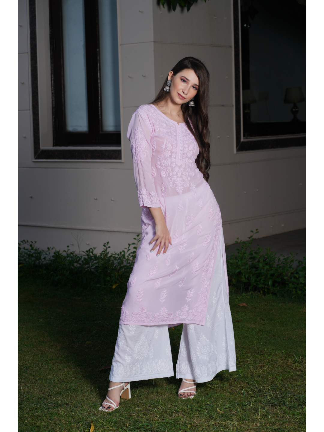 Saadgi hand embroidered chikankari pure crape Light Pink kurta set