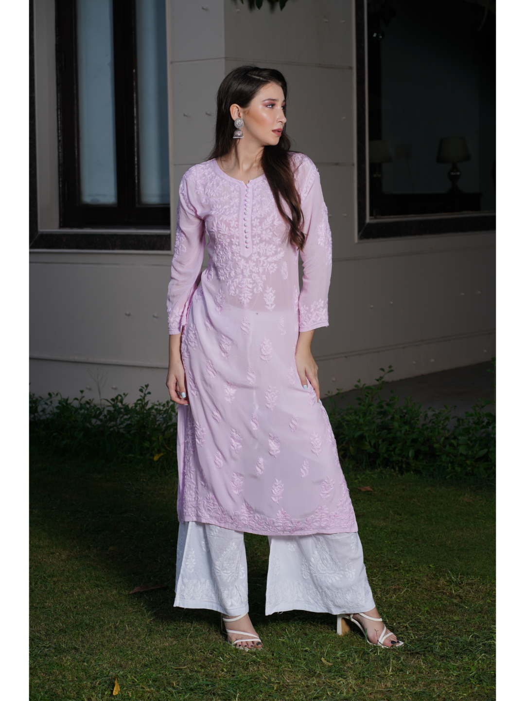 Saadgi hand embroidered chikankari pure crape Light Pink kurta set