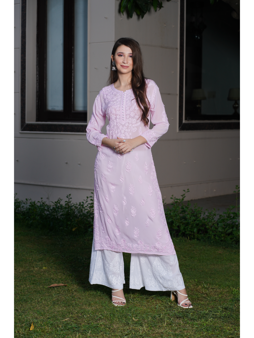 Saadgi hand embroidered chikankari pure crape Light Pink kurta set