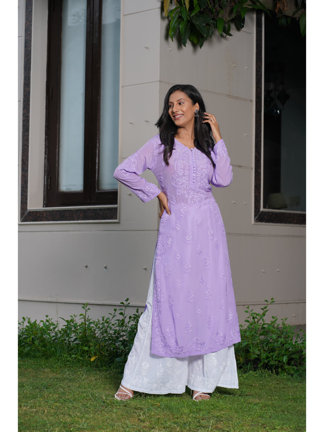 Saadgi hand embroidered chikankari pure crape lavender kurta set