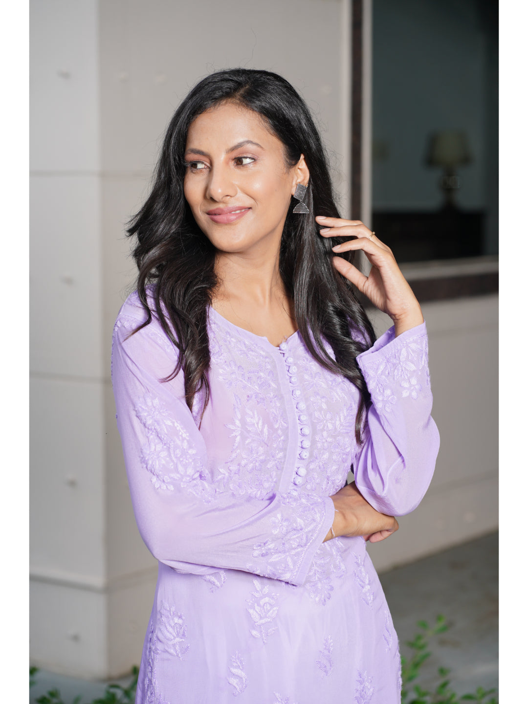 Saadgi hand embroidered chikankari pure crape lavender kurta set