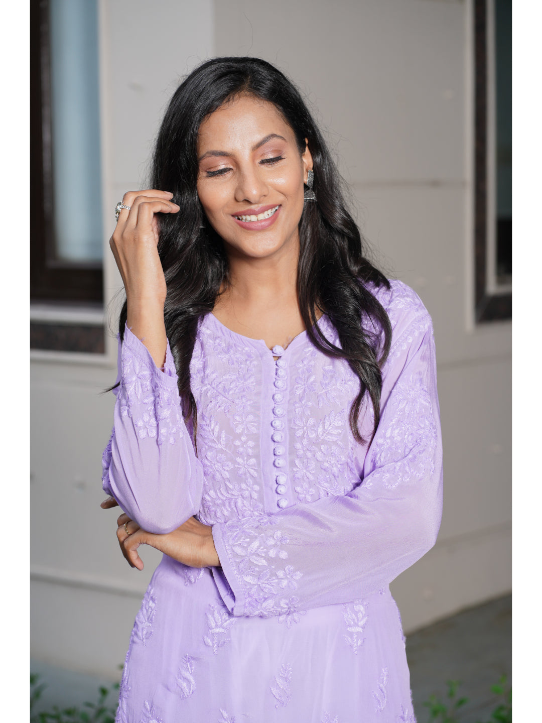 Saadgi hand embroidered chikankari pure crape lavender kurta set