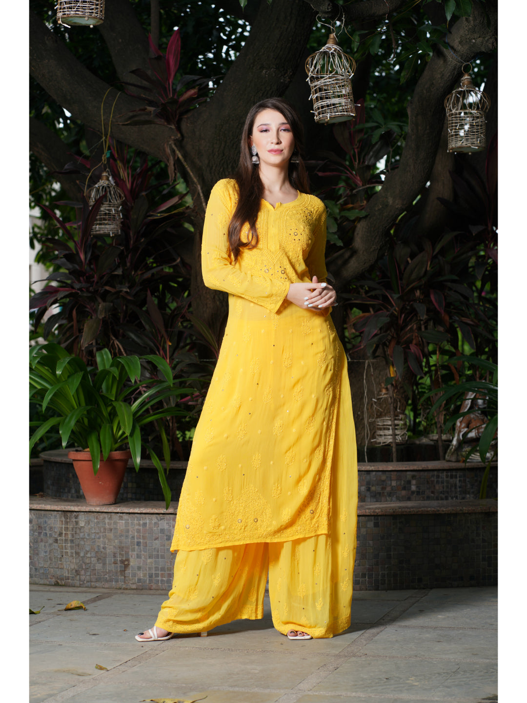 Saadgi hand embroidered chikankari yellow Mukaish rings work kurta with palazzo