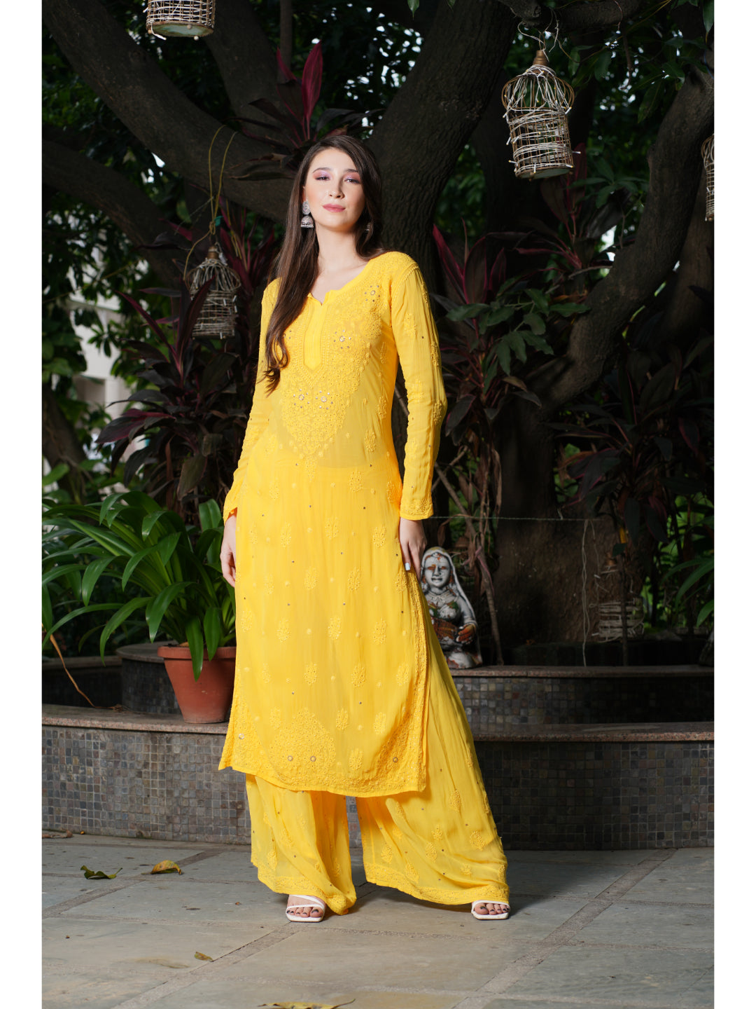 Saadgi hand embroidered chikankari yellow Mukaish rings work kurta with palazzo