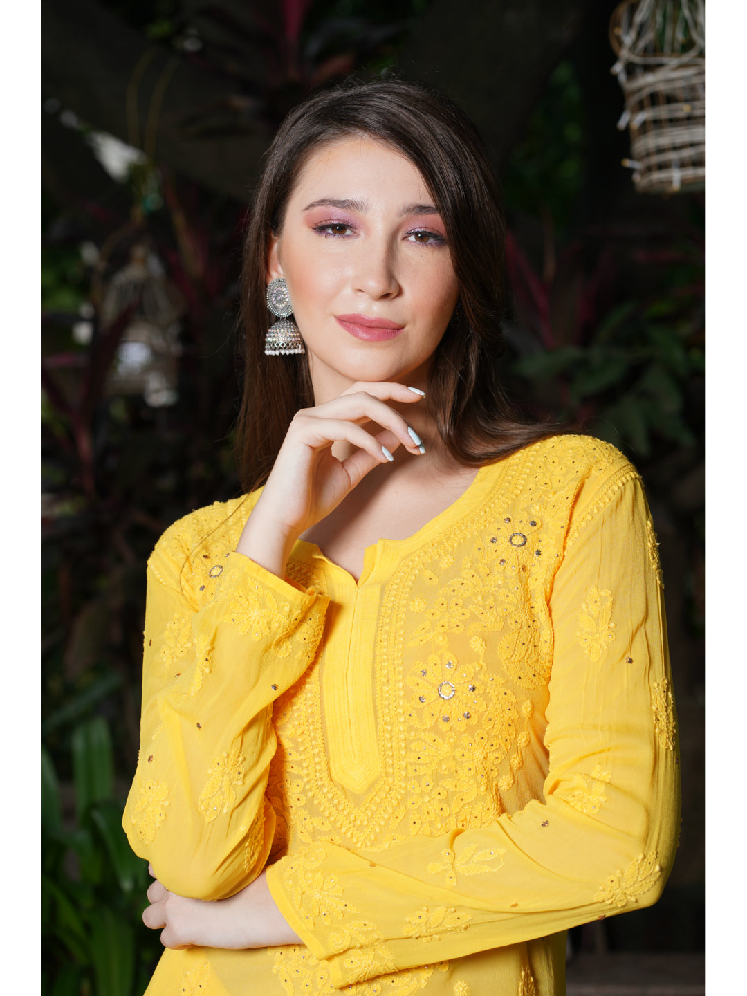 Saadgi hand embroidered chikankari yellow Mukaish rings work kurta with palazzo