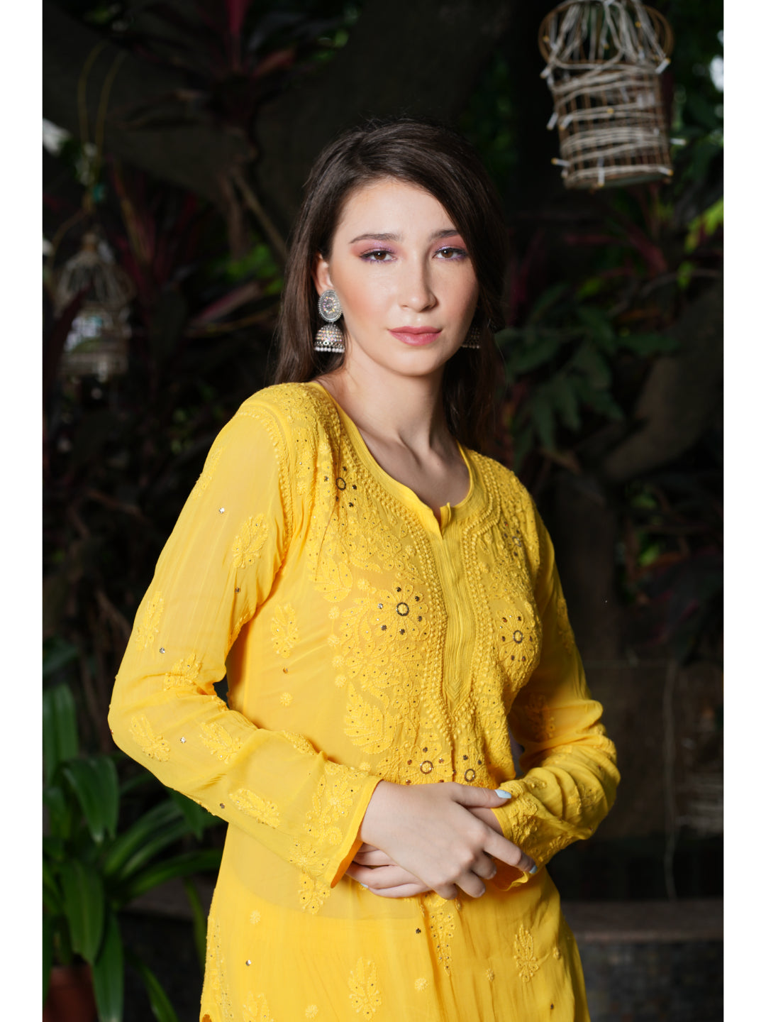 Saadgi hand embroidered chikankari yellow Mukaish rings work kurta with palazzo