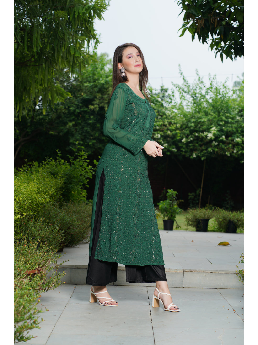 Saadgi hand embroidered chikankari bottle green Mukaish kurta