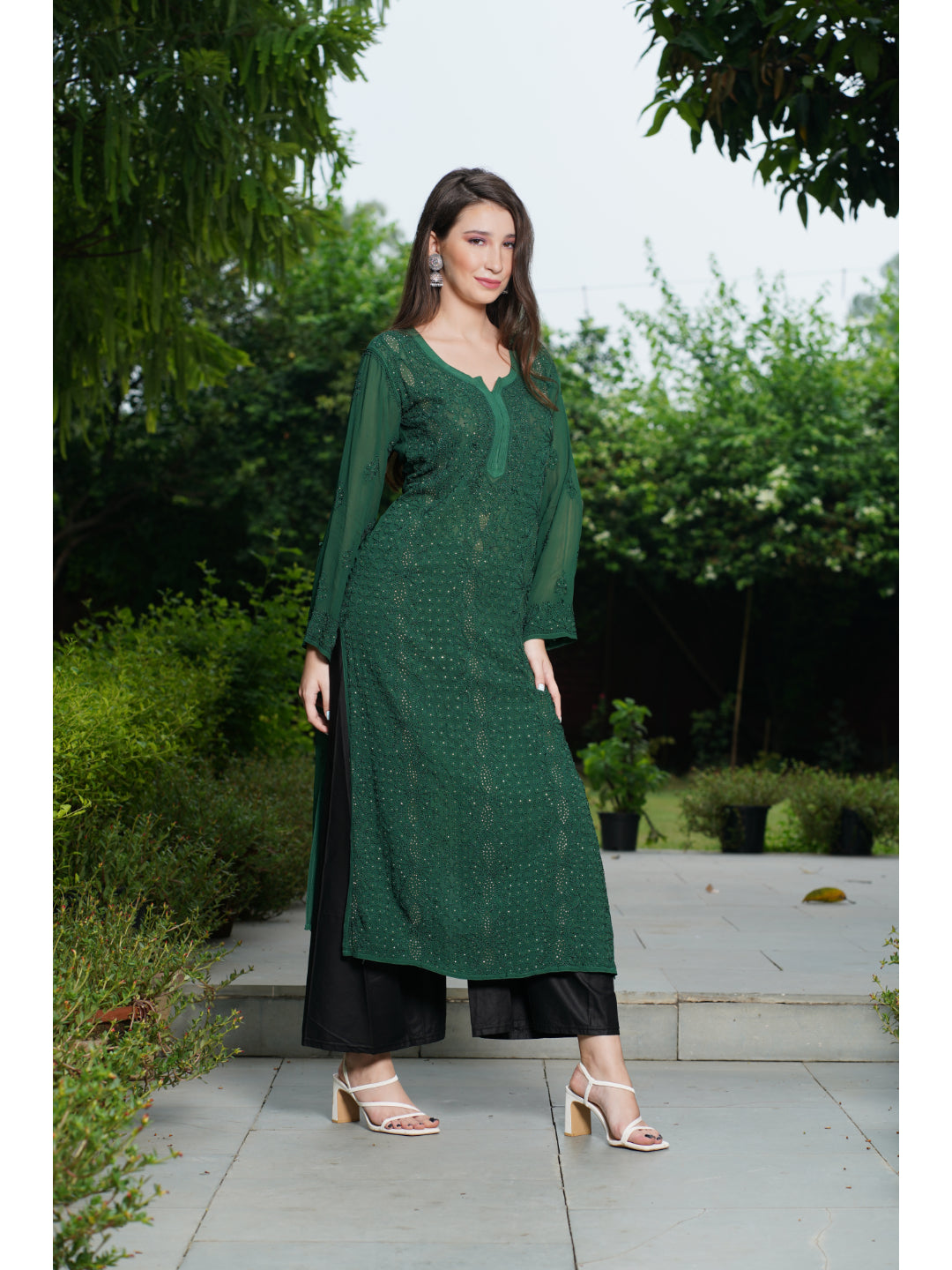 Saadgi hand embroidered chikankari bottle green Mukaish kurta