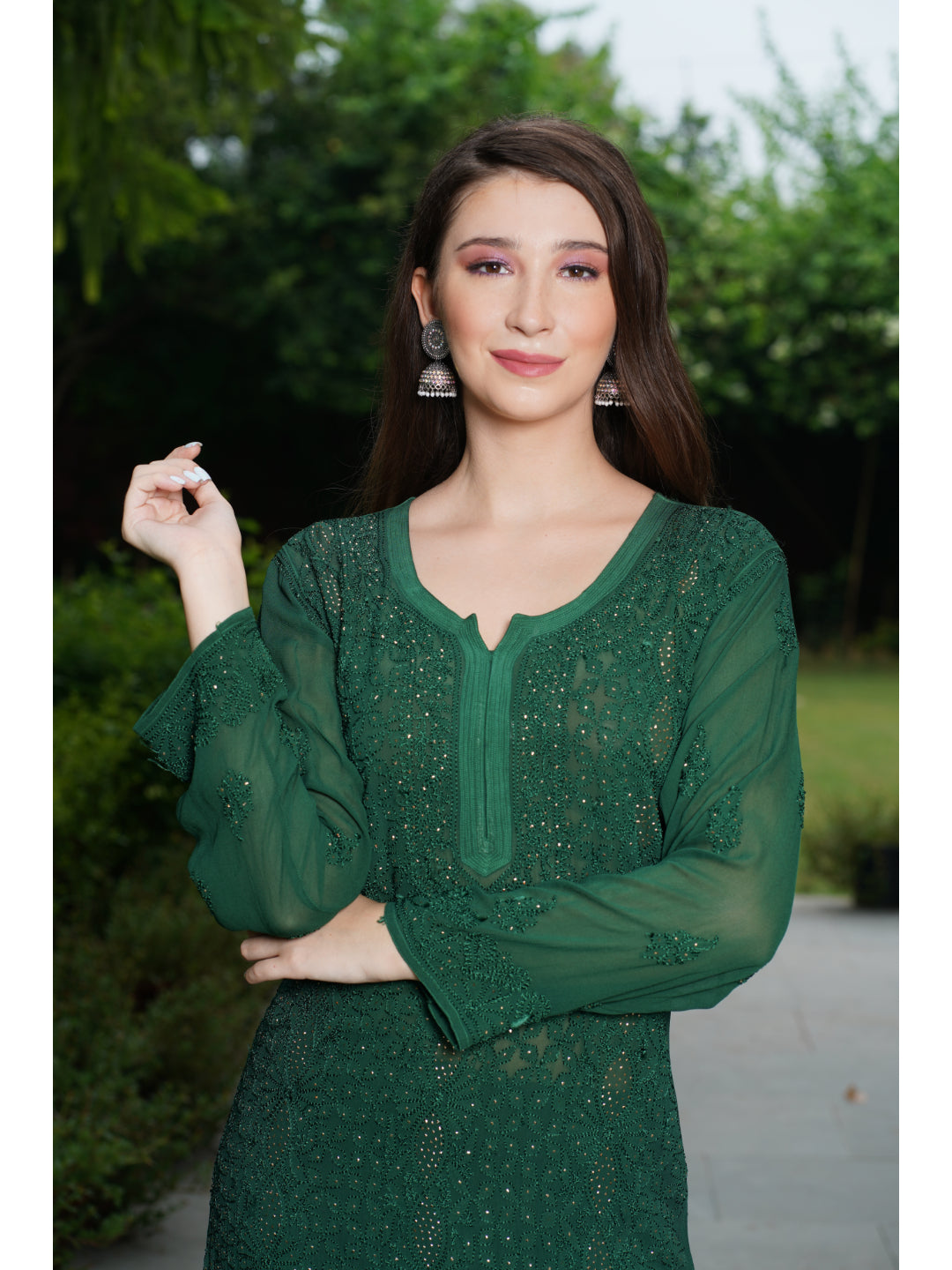 Saadgi hand embroidered chikankari bottle green Mukaish kurta