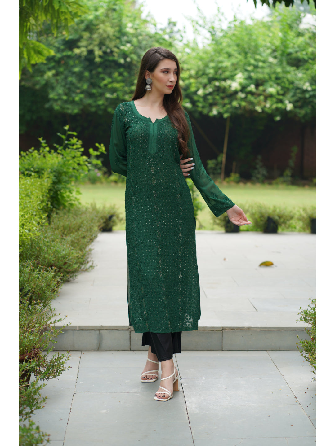 Saadgi hand embroidered chikankari bottle green Mukaish kurta