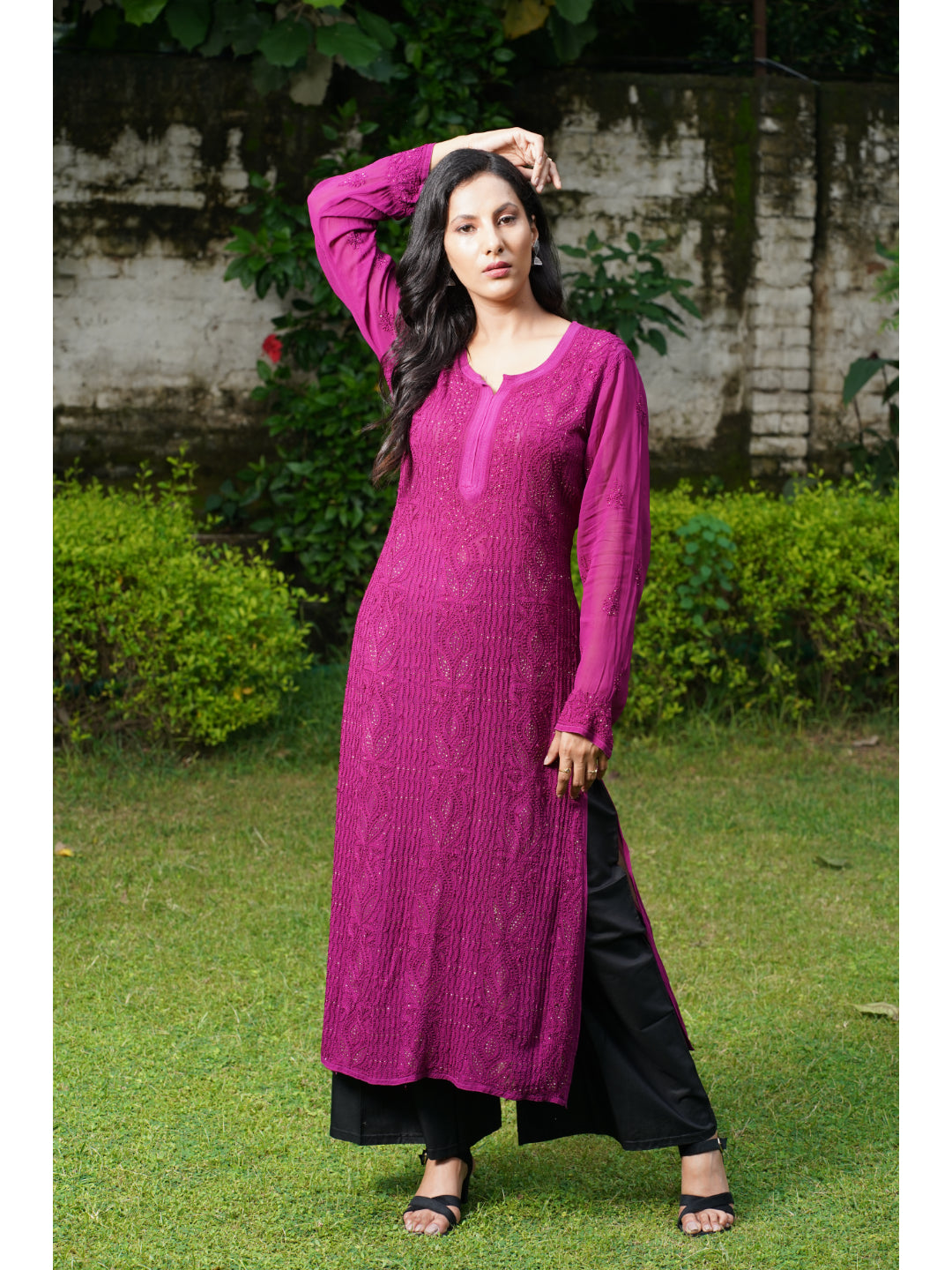 Saadgi hand embroidered chikankari burgundy Mukaish kurta