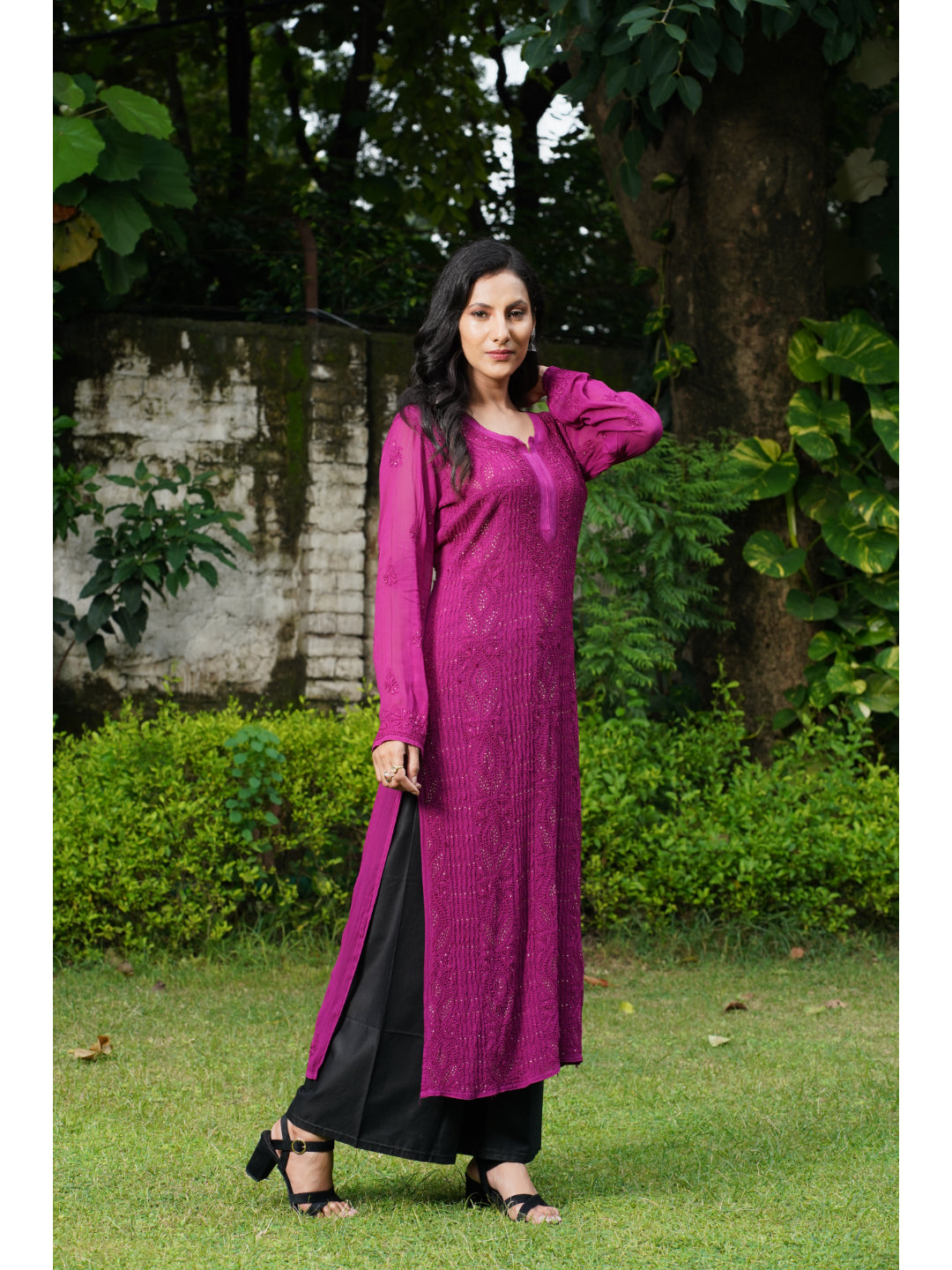 Saadgi hand embroidered chikankari burgundy Mukaish kurta