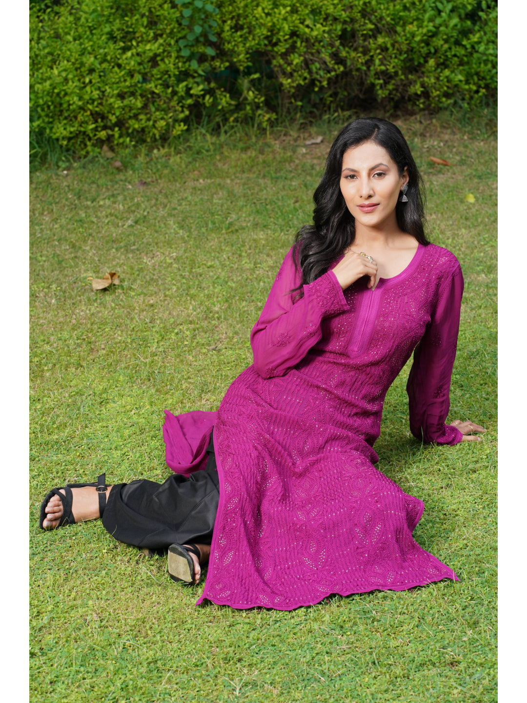 Saadgi hand embroidered chikankari burgundy Mukaish kurta