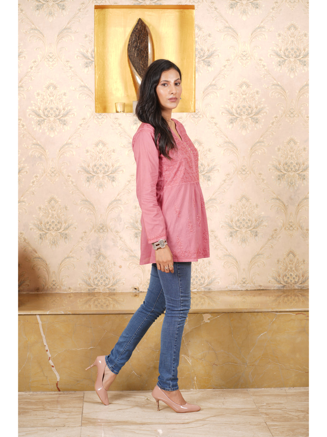 Saadgi hand embroidered chikankari rouge cotton kurti/top