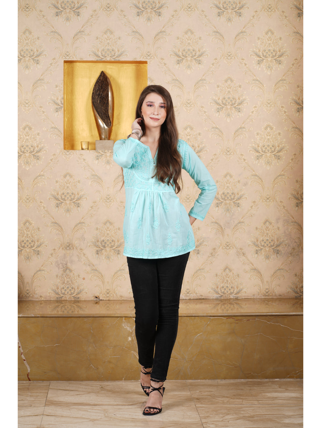Saadgi hand embroidered chikankari seafoam green cotton kurti/top