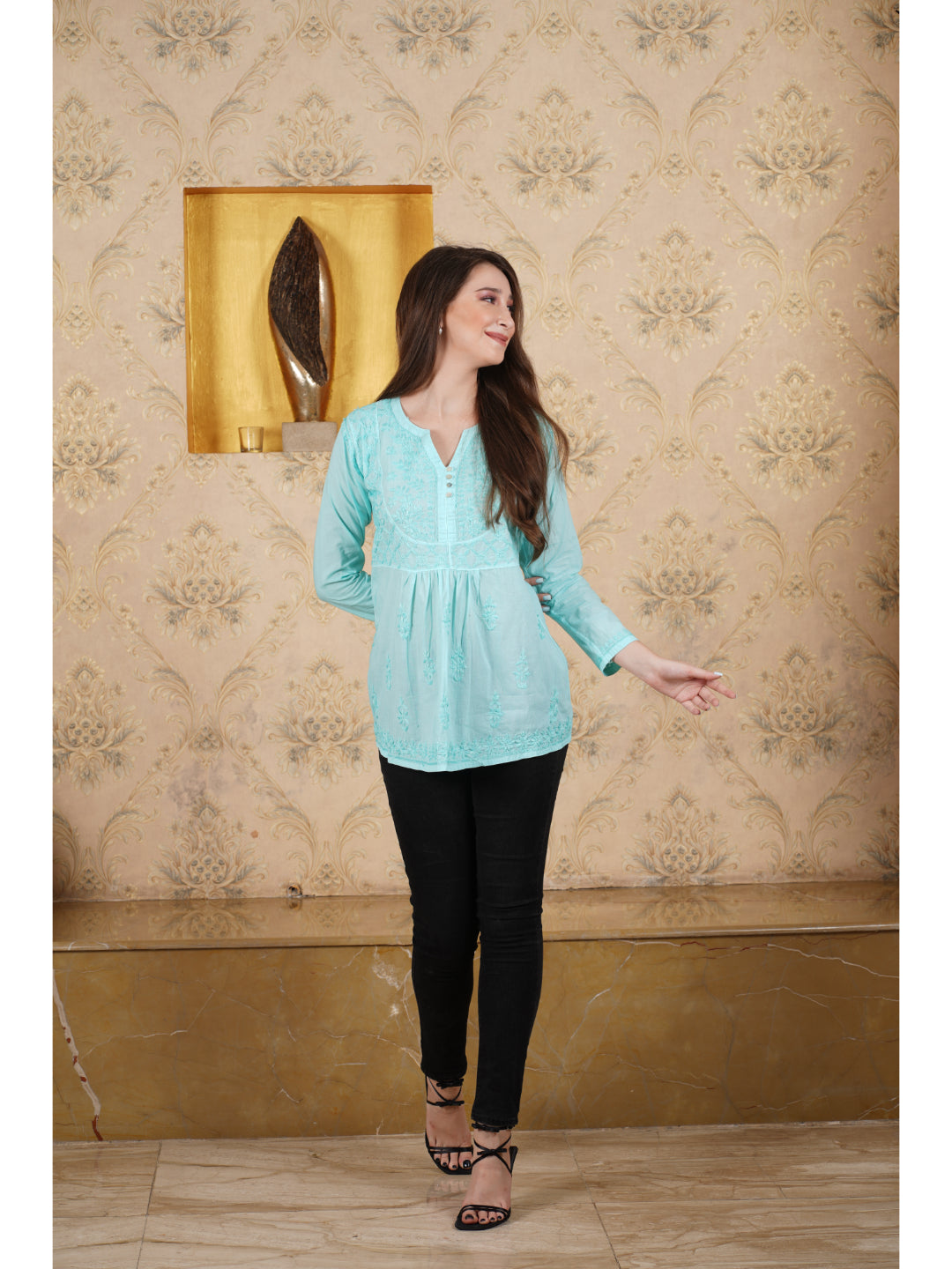 Saadgi hand embroidered chikankari seafoam green cotton kurti/top