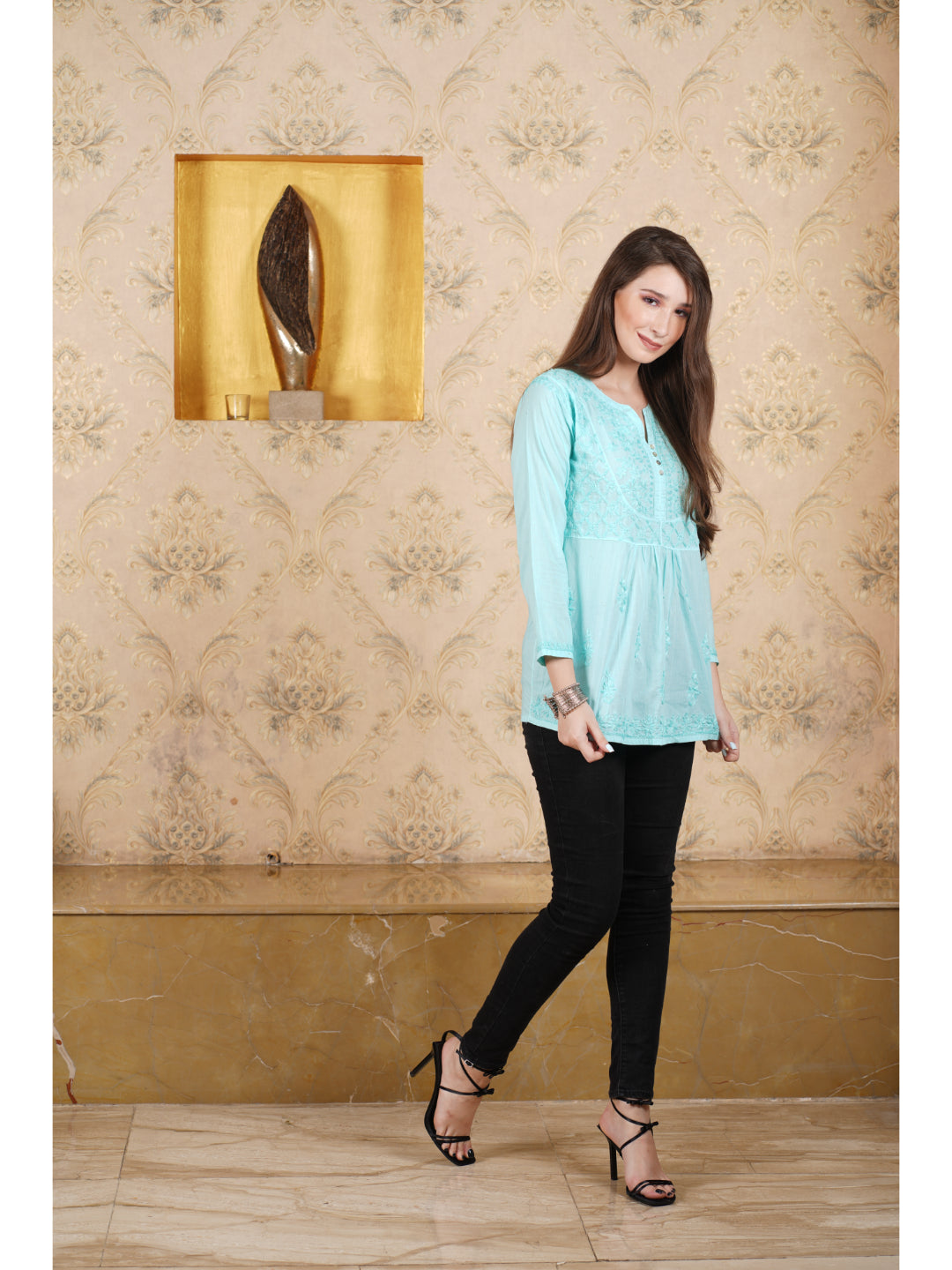 Saadgi hand embroidered chikankari seafoam green cotton kurti/top