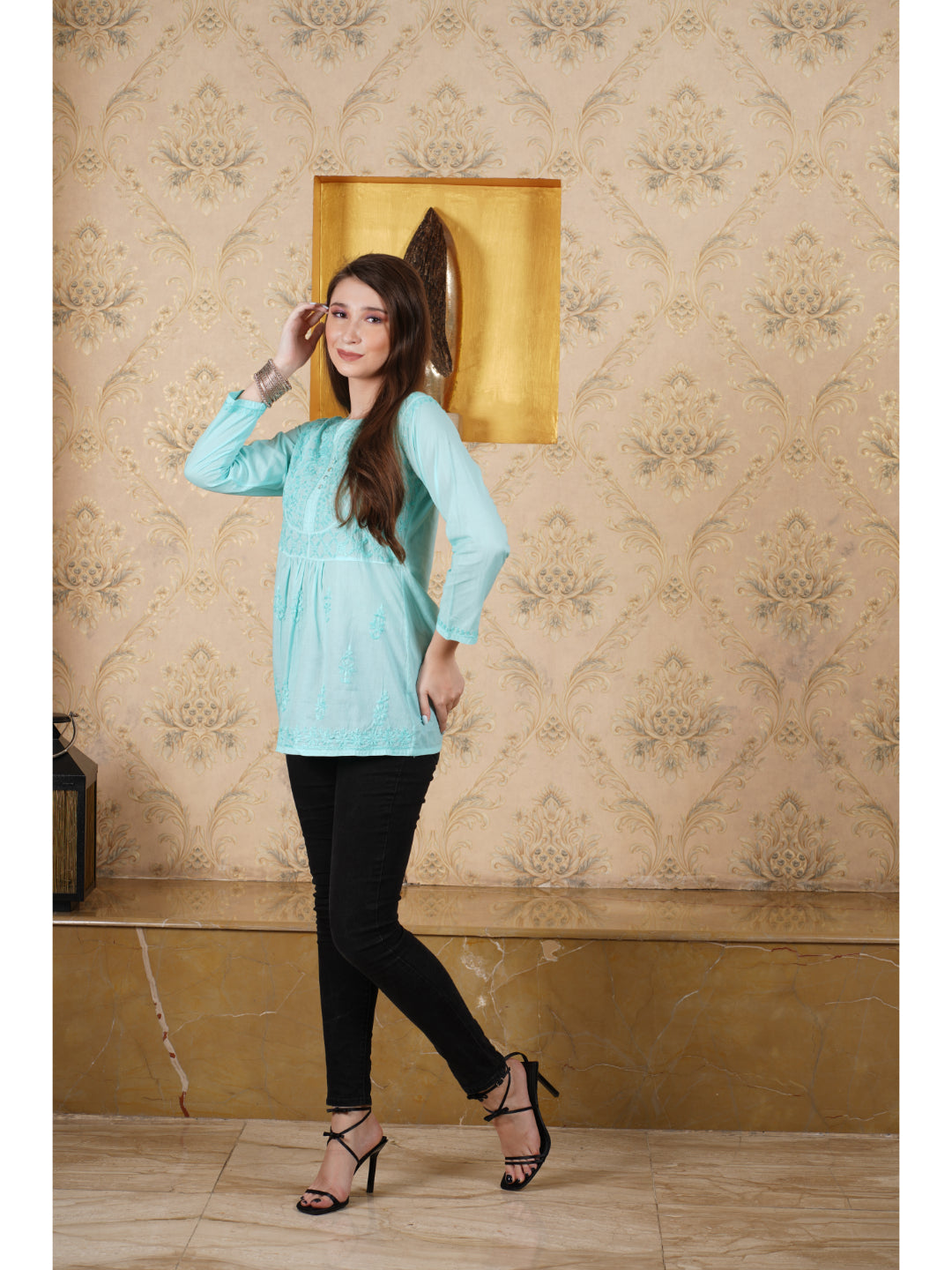 Saadgi hand embroidered chikankari seafoam green cotton kurti/top