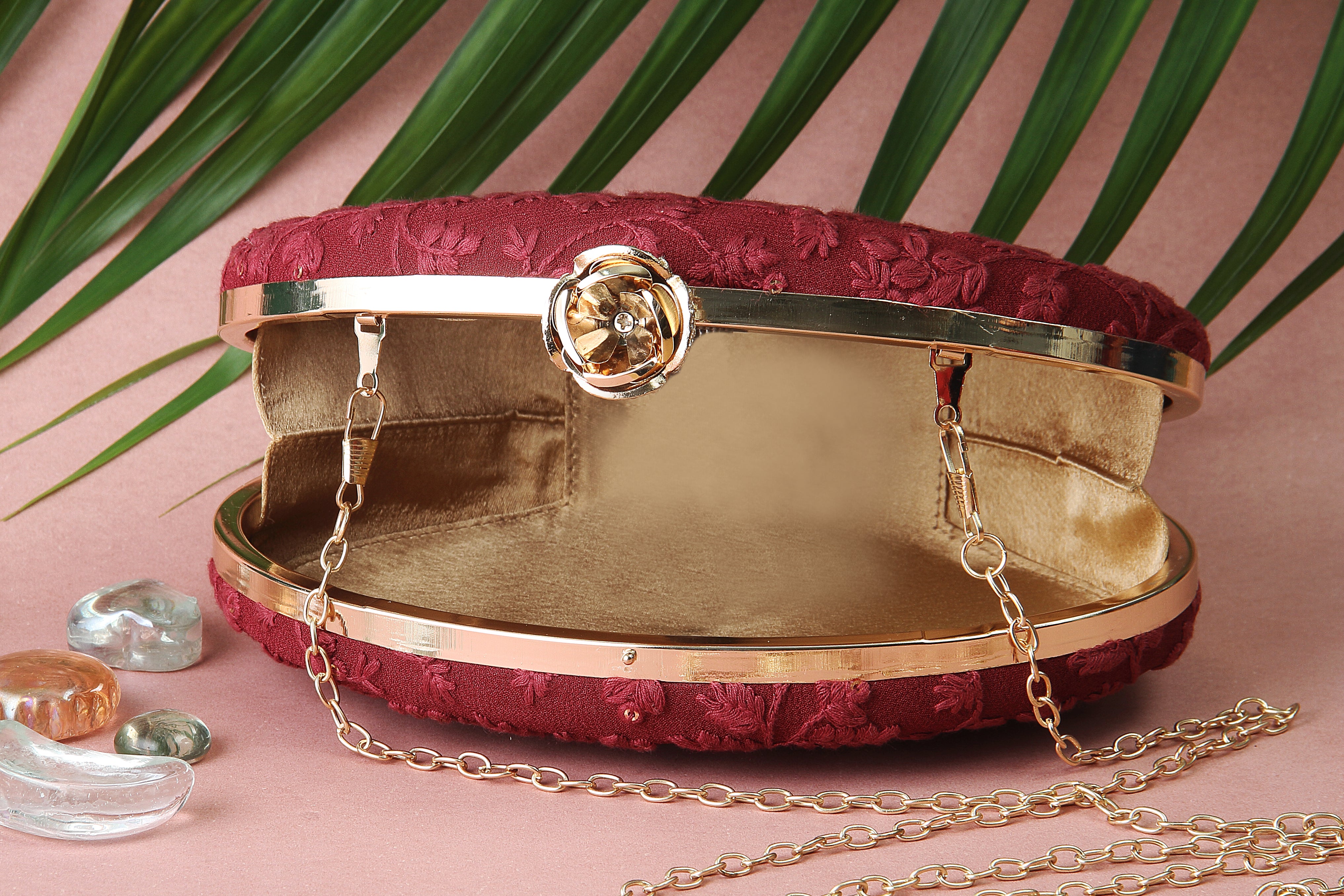 Saadgi embroidered designer maroon clutch bag with sling