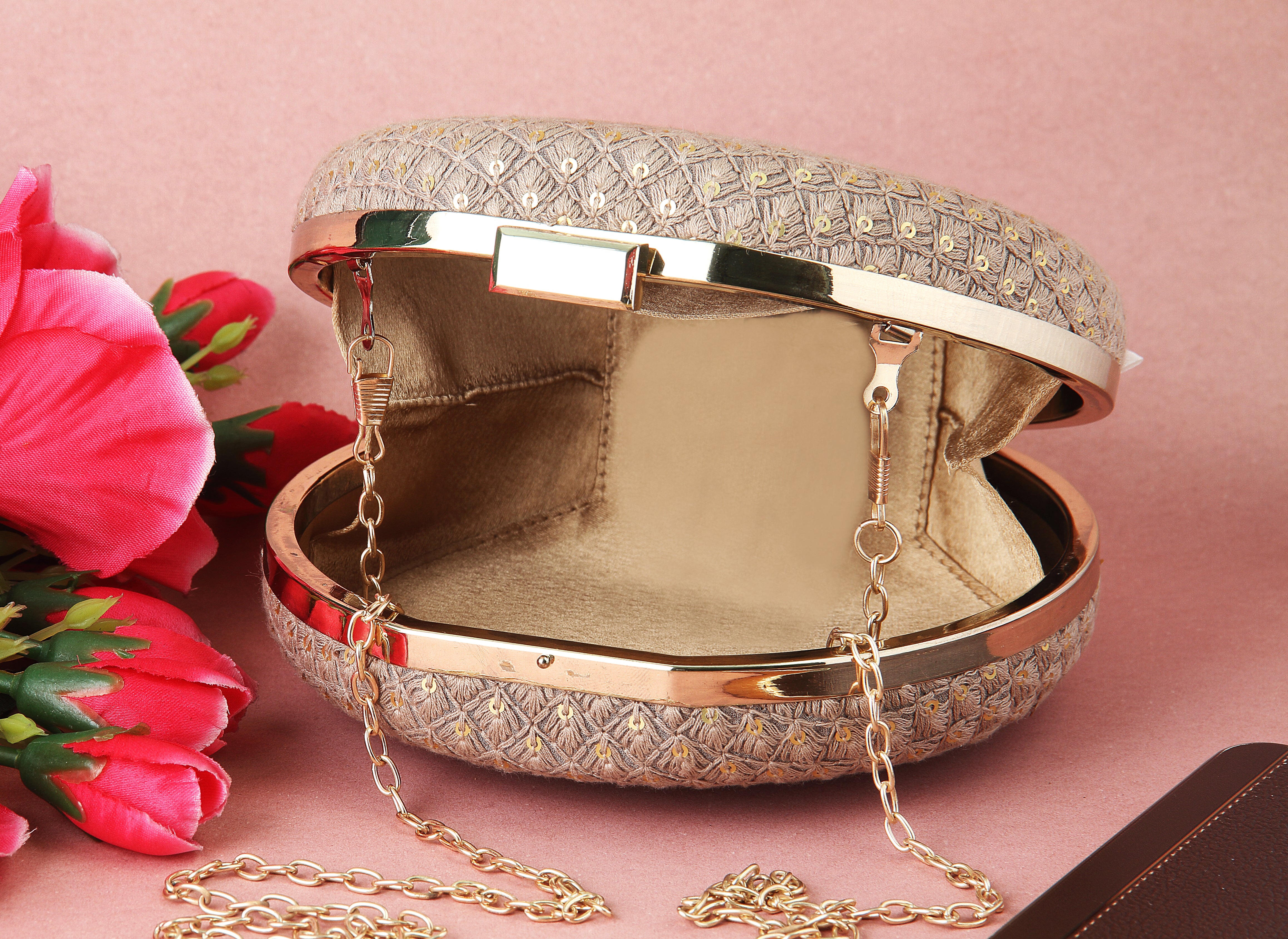 Saadgi embroidered designer beige clutch bag with sling