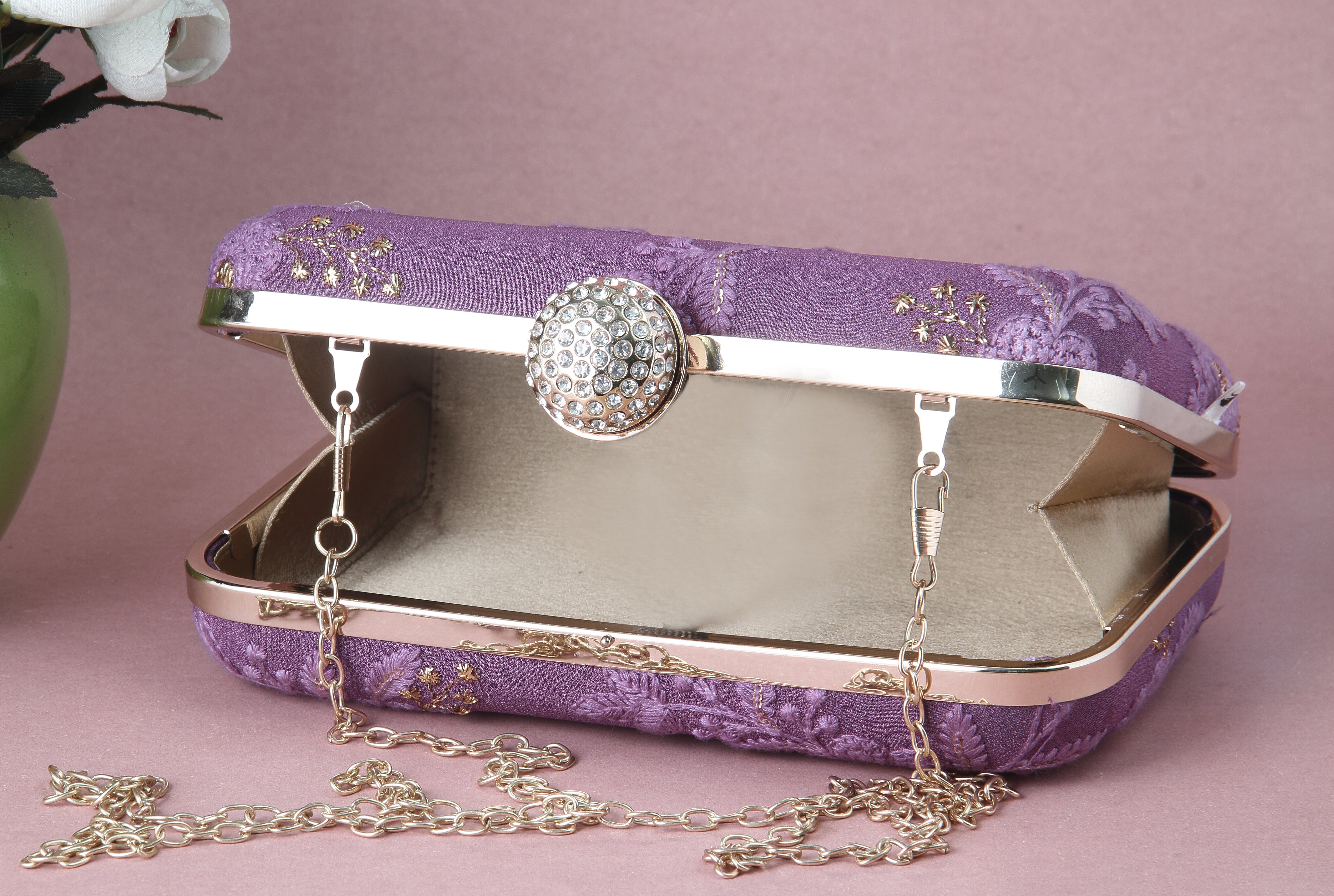 Saadgi embroidered designer lavender clutch bag with sling