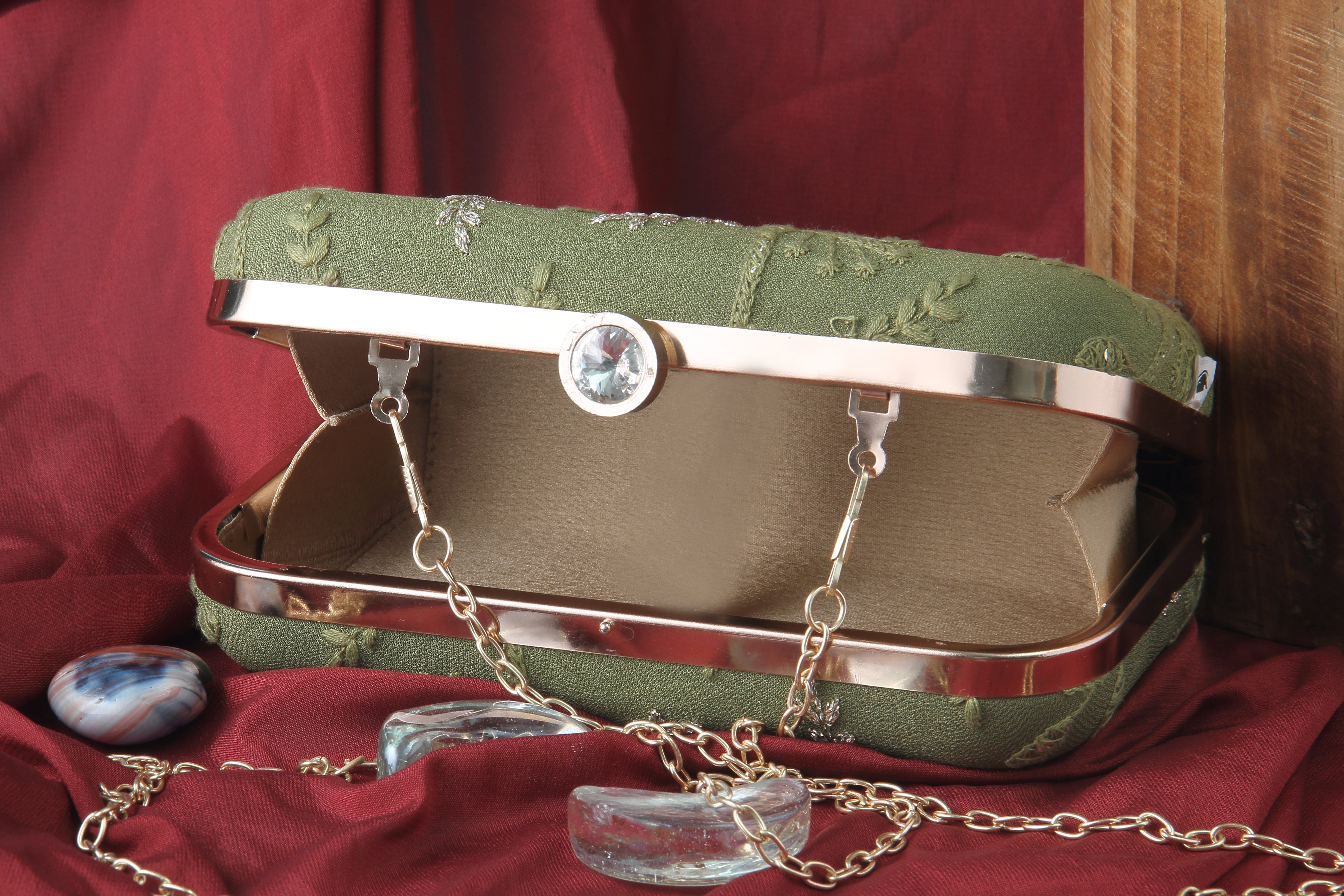 Saadgi embroidered designer olive clutch bag with sling