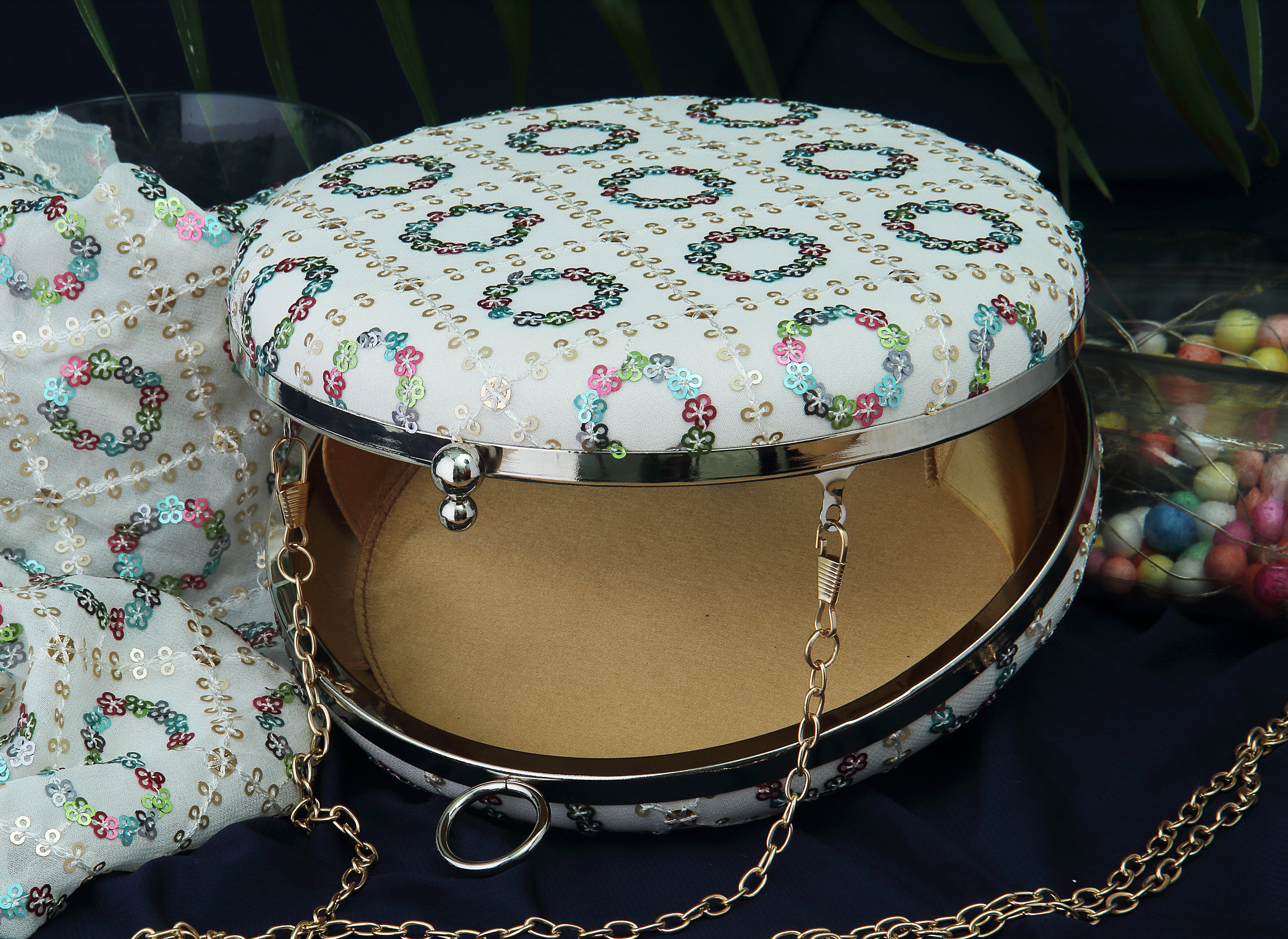 Saadgi embroidered white multi designer clutch bag with sling