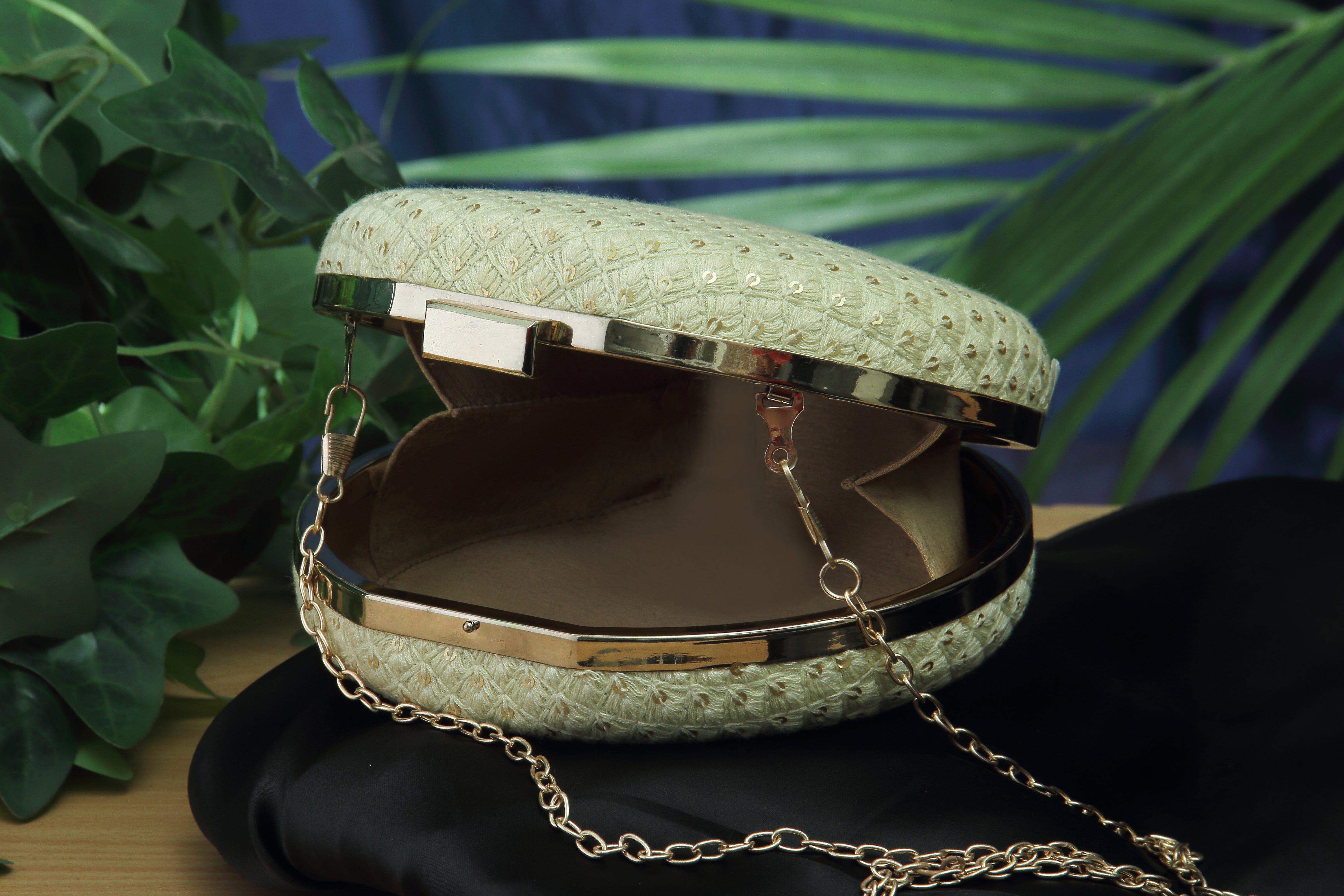 Saadgi embroidered off-white designer clutch bag with sling