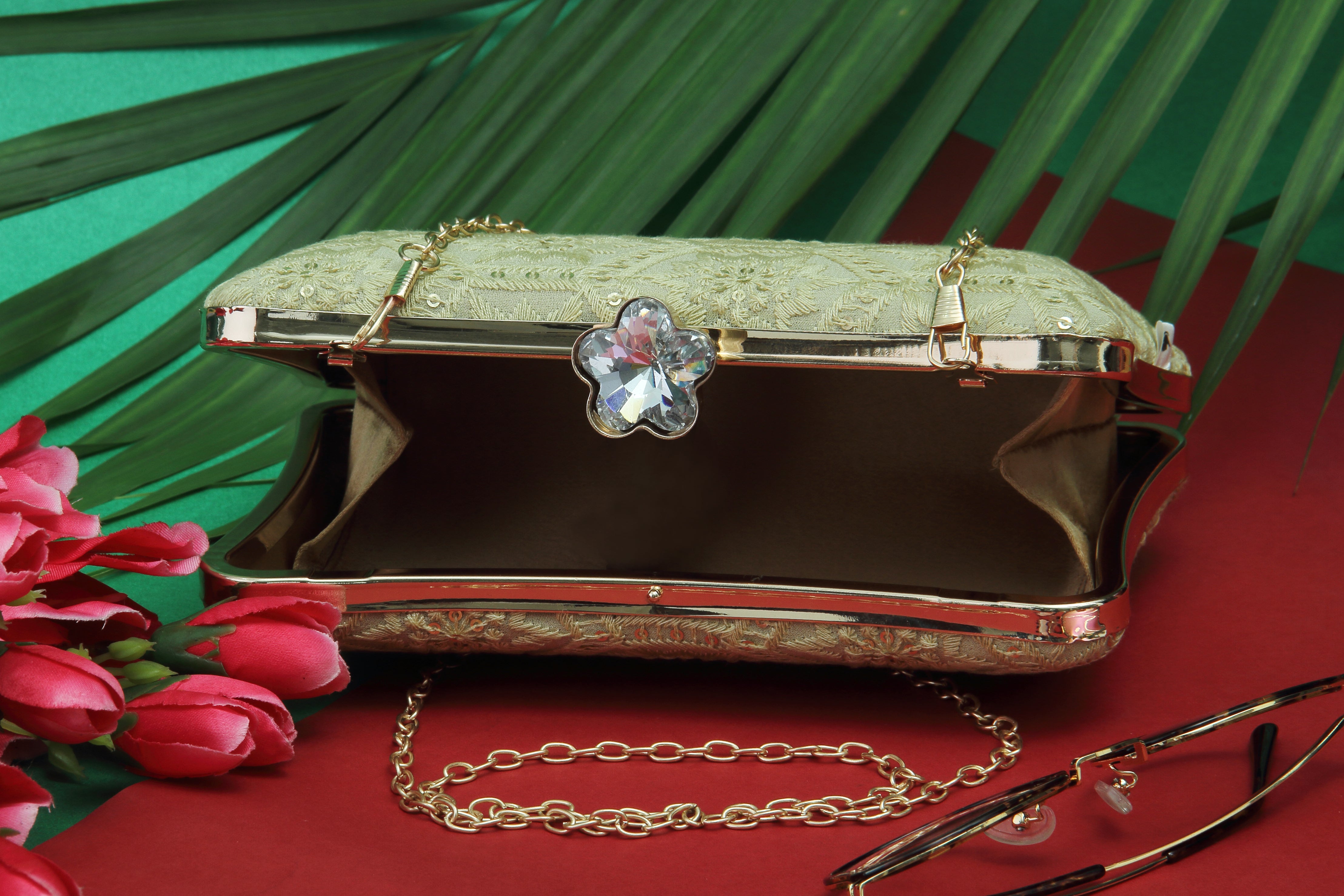 Saadgi embroidered white golden designer clutch bag with sling