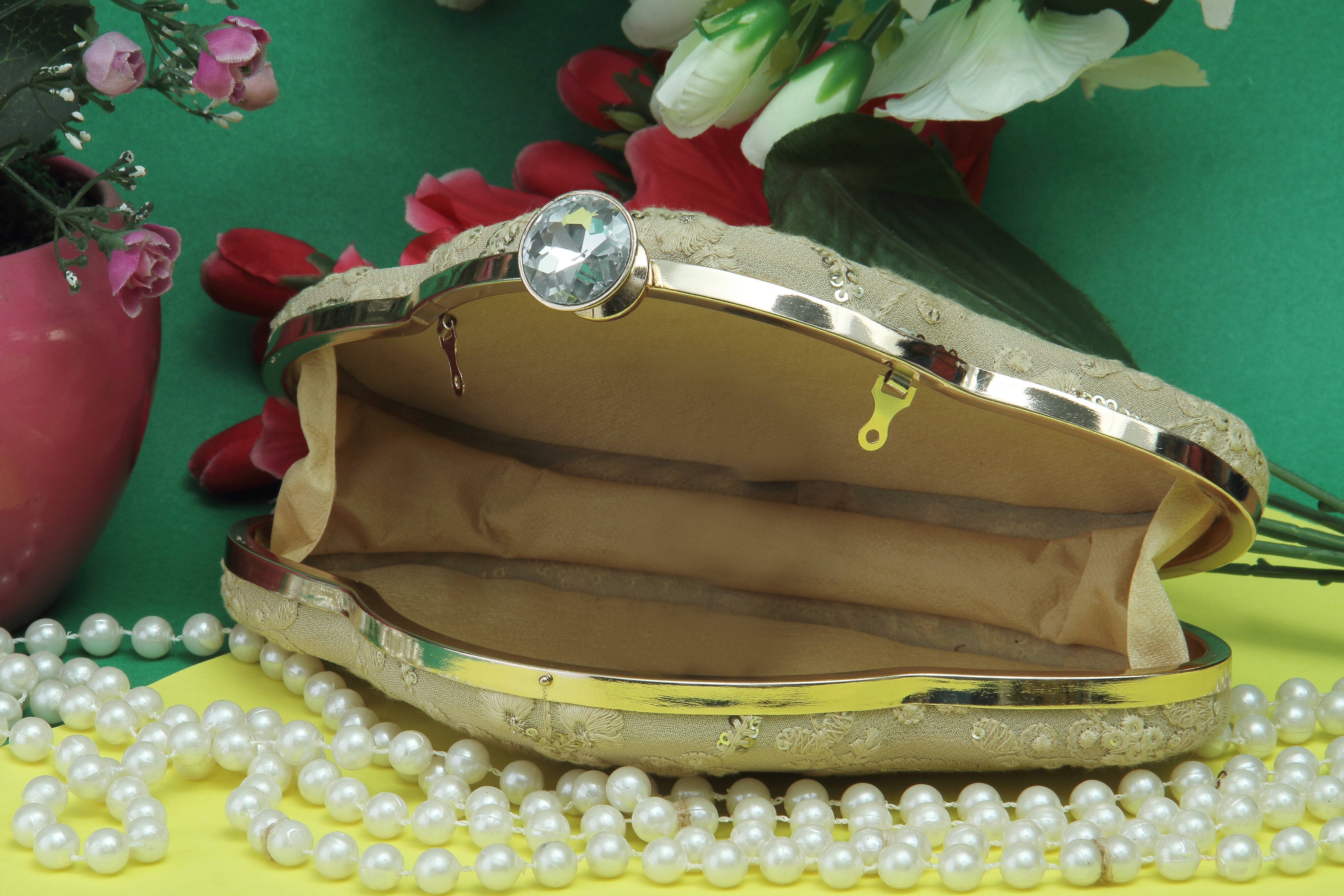 Saadgi embroidered off-white golden designer clutch bag with sling