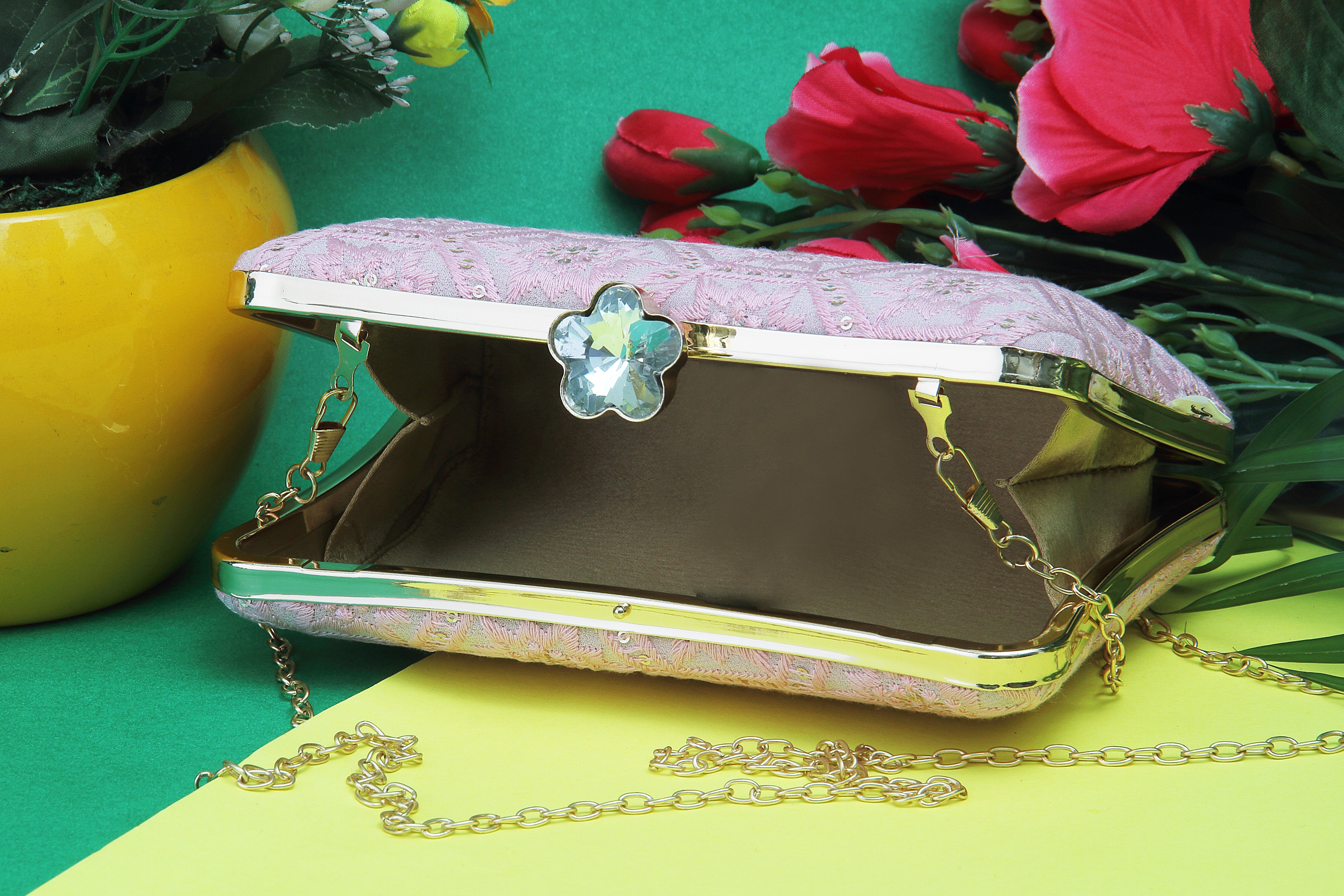 Saadgi embroidered light pink designer clutch bag with sling