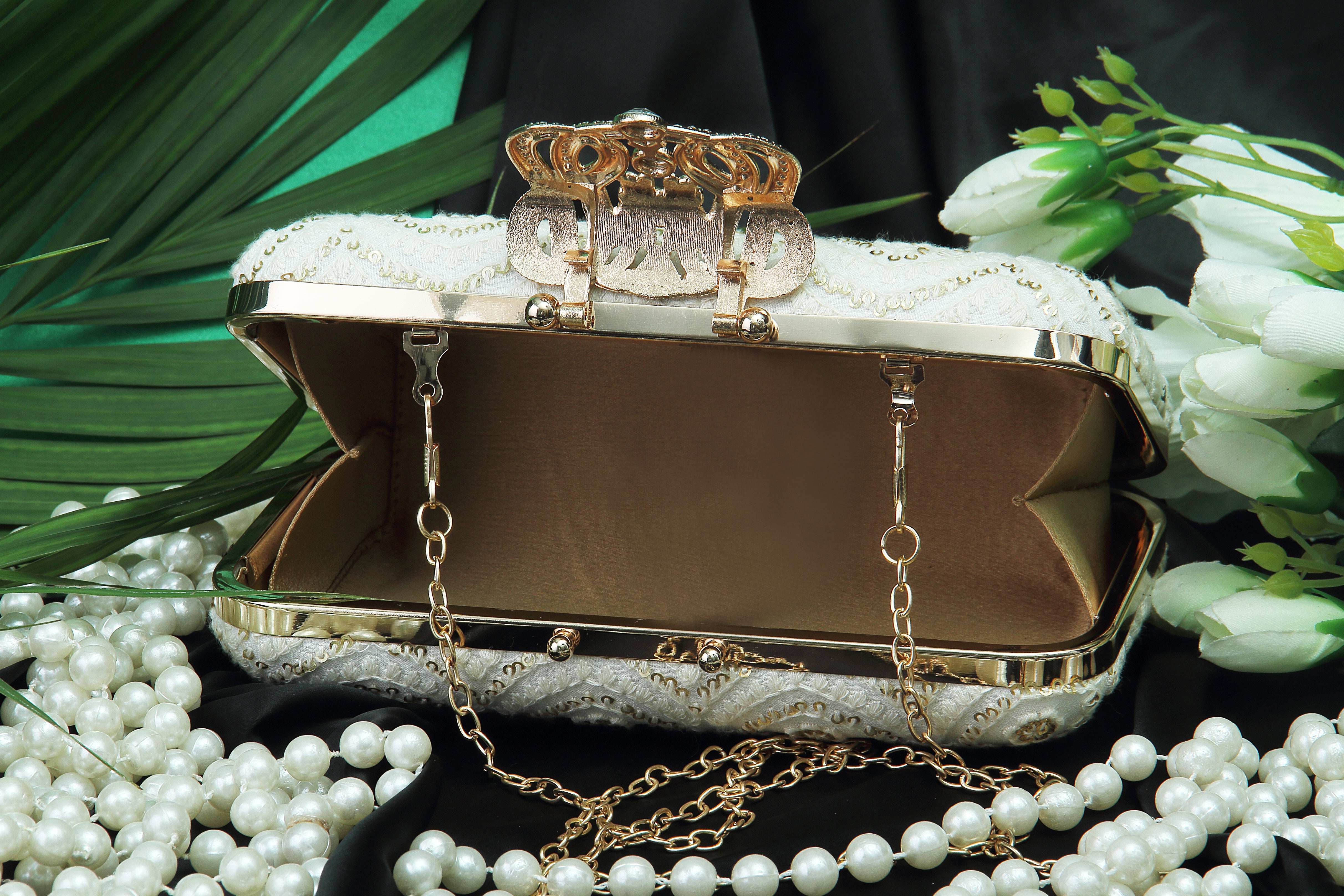 Saadgi embroidered pure white designer clutch bag with sling