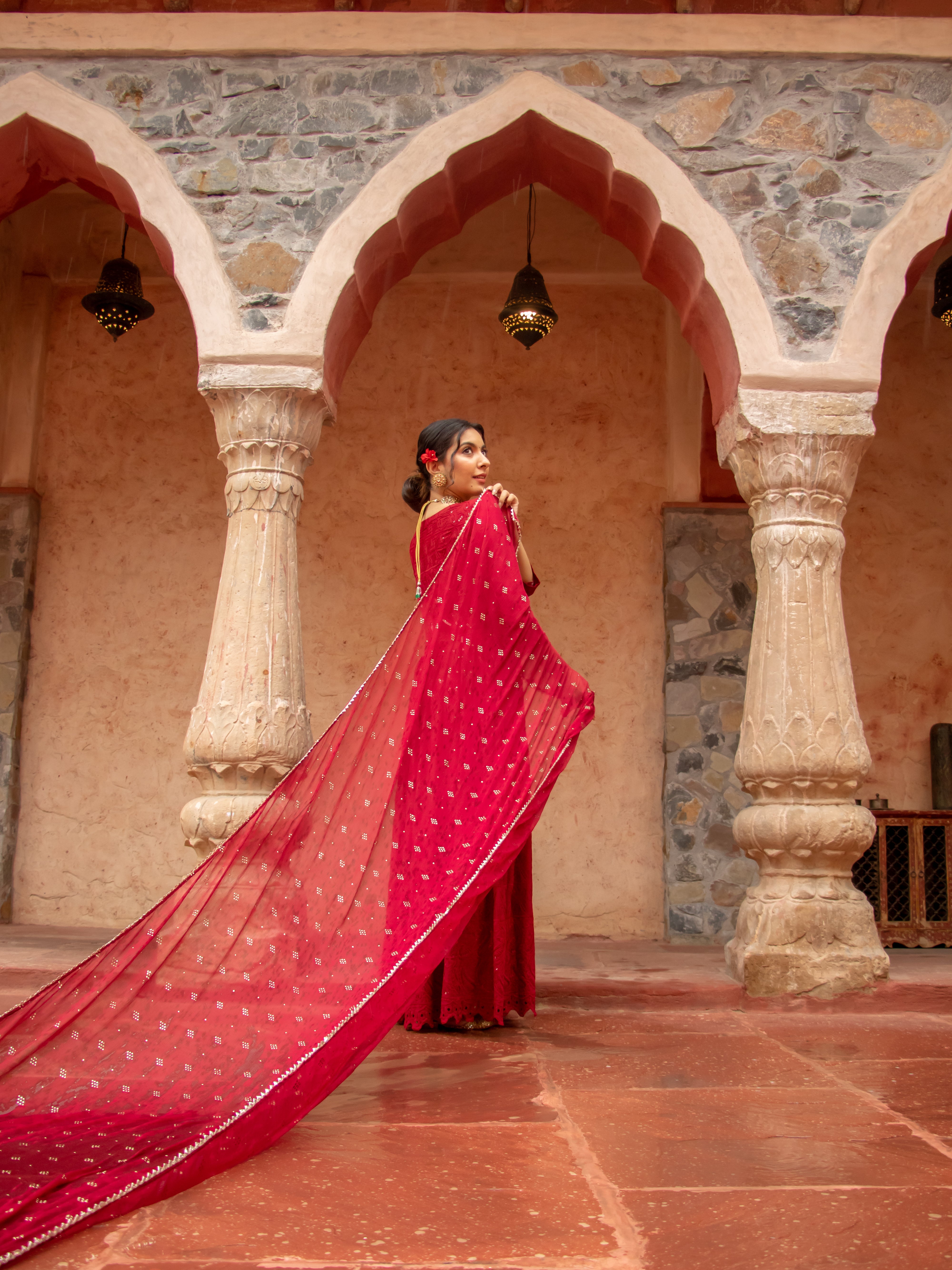 Niki Mehra's Schiffli Chikan Embroidered Rayon Anarkali Set with Sequin Embellishments & Handwork Dupatta"