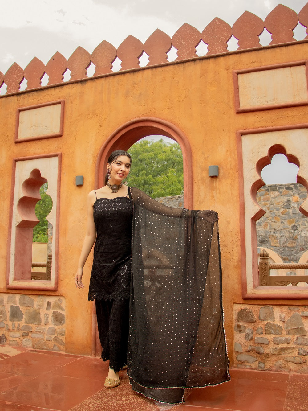 Niki Mehra's rayon schiffly sequence work Black Gharara set & Dupatta