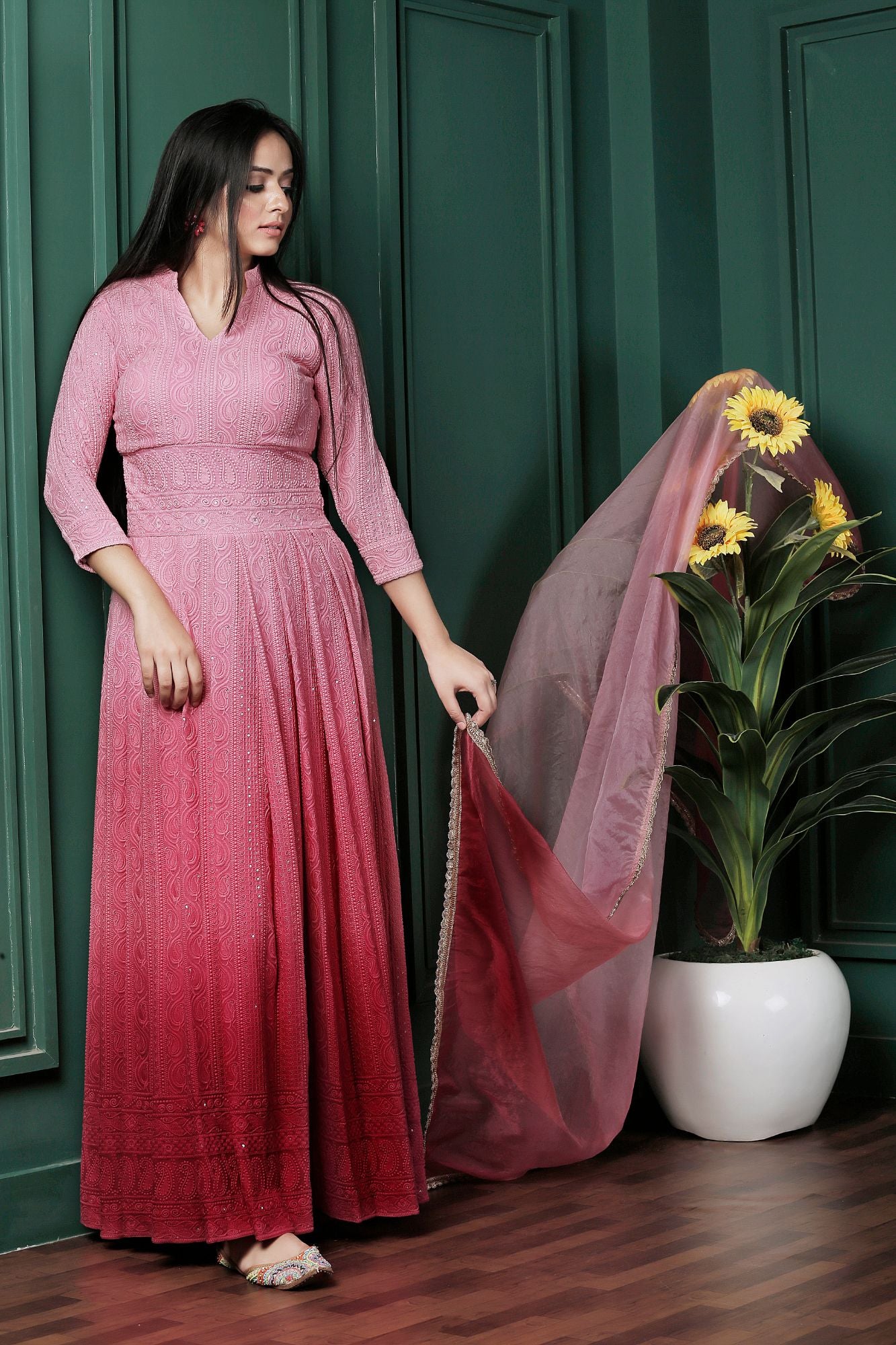 Saadgi Pure Georgette Light Pink Ombre Chikankari with Sequin work Stitched Anarkali with pure crape lining and dupatta, chicken, chikan kurti, chikan suit, chikankari kurta for women, chikankari kurta, chikankari kurta set, chikankari short kurti, chikankari suit set, gharara, chikankari suits, hand crafted, lakhnavi kurti, lucknowi chikankari kurti, lucknowi kurti, lucknowi chikankari
