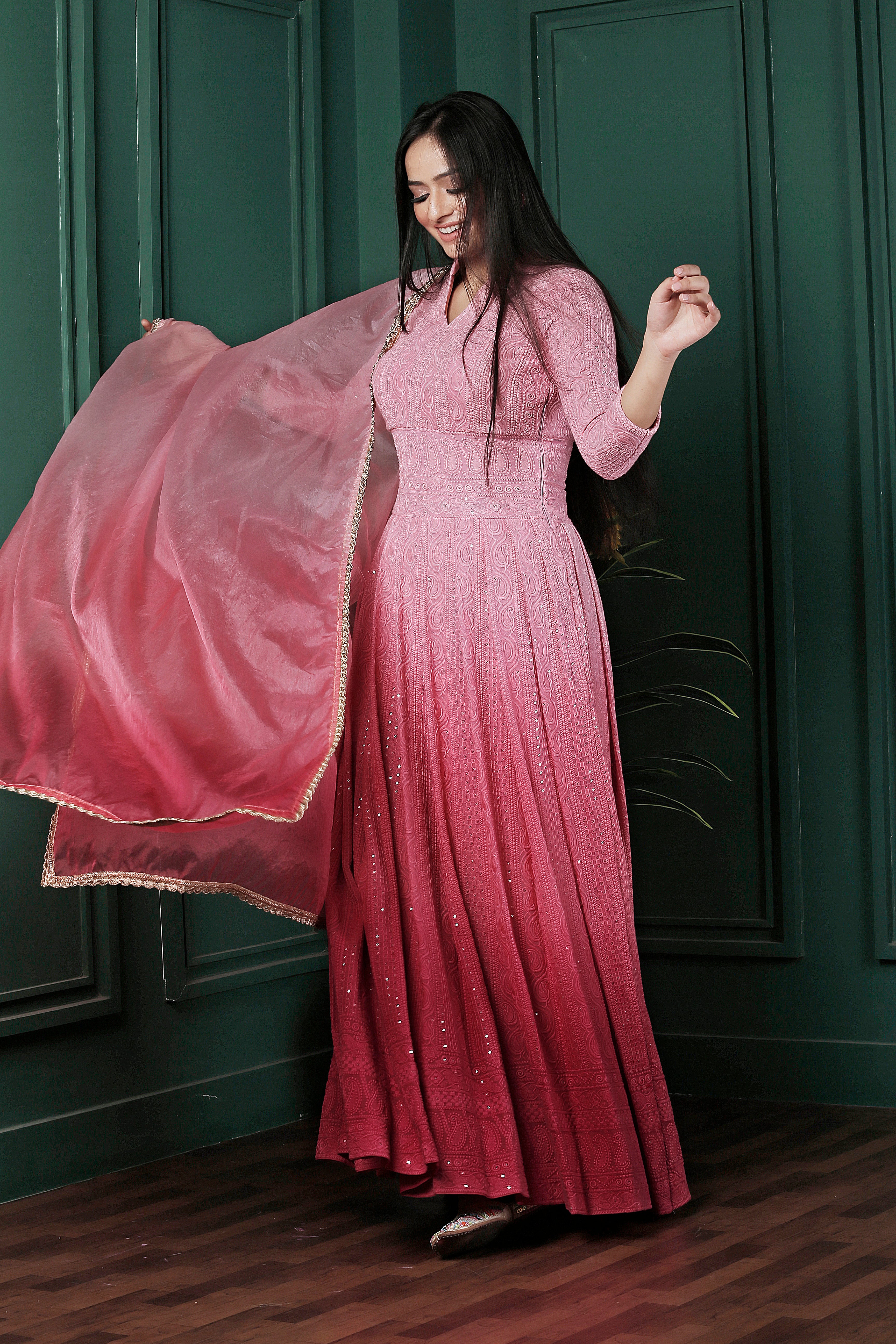 Saadgi Pure Georgette Light Pink Ombre Chikankari with Sequin work Stitched Anarkali with pure crape lining and dupatta, chicken, chikan kurti, chikan suit, chikankari kurta for women, chikankari kurta, chikankari kurta set, chikankari short kurti, chikankari suit set, gharara, chikankari suits, hand crafted, lakhnavi kurti, lucknowi chikankari kurti, lucknowi kurti, lucknowi chikankari