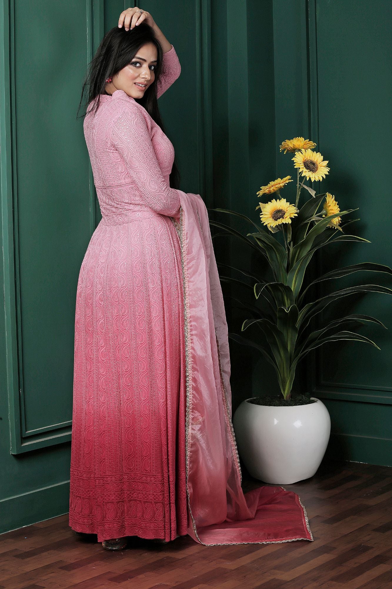 Saadgi Pure Georgette Light Pink Ombre Chikankari with Sequin work Stitched Anarkali with pure crape lining and dupatta, chicken, chikan kurti, chikan suit, chikankari kurta for women, chikankari kurta, chikankari kurta set, chikankari short kurti, chikankari suit set, gharara, chikankari suits, hand crafted, lakhnavi kurti, lucknowi chikankari kurti, lucknowi kurti, lucknowi chikankari