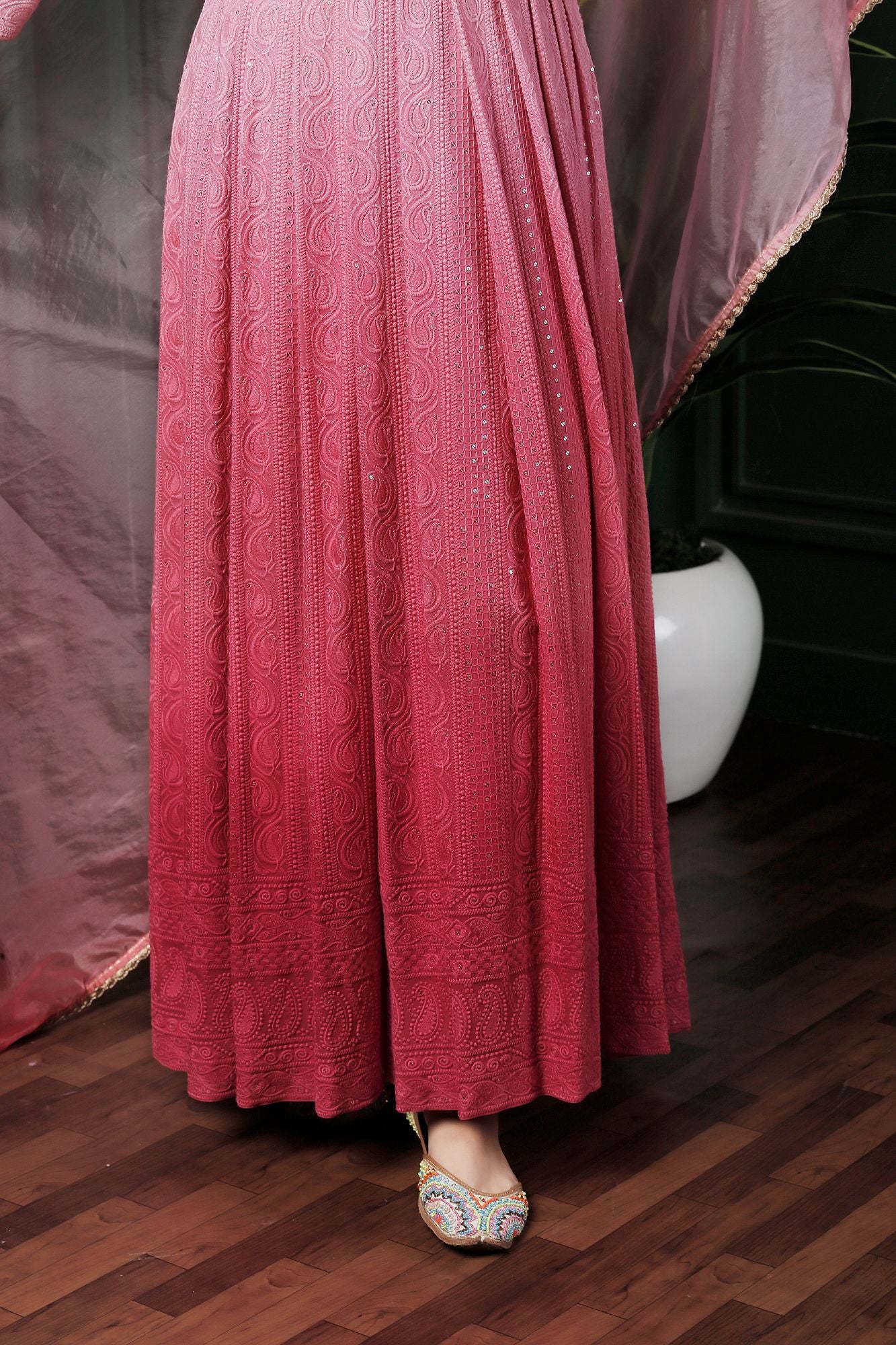 Saadgi Pure Georgette Light Pink Ombre Chikankari with Sequin work Stitched Anarkali with pure crape lining and dupatta, chicken, chikan kurti, chikan suit, chikankari kurta for women, chikankari kurta, chikankari kurta set, chikankari short kurti, chikankari suit set, gharara, chikankari suits, hand crafted, lakhnavi kurti, lucknowi chikankari kurti, lucknowi kurti, lucknowi chikankari