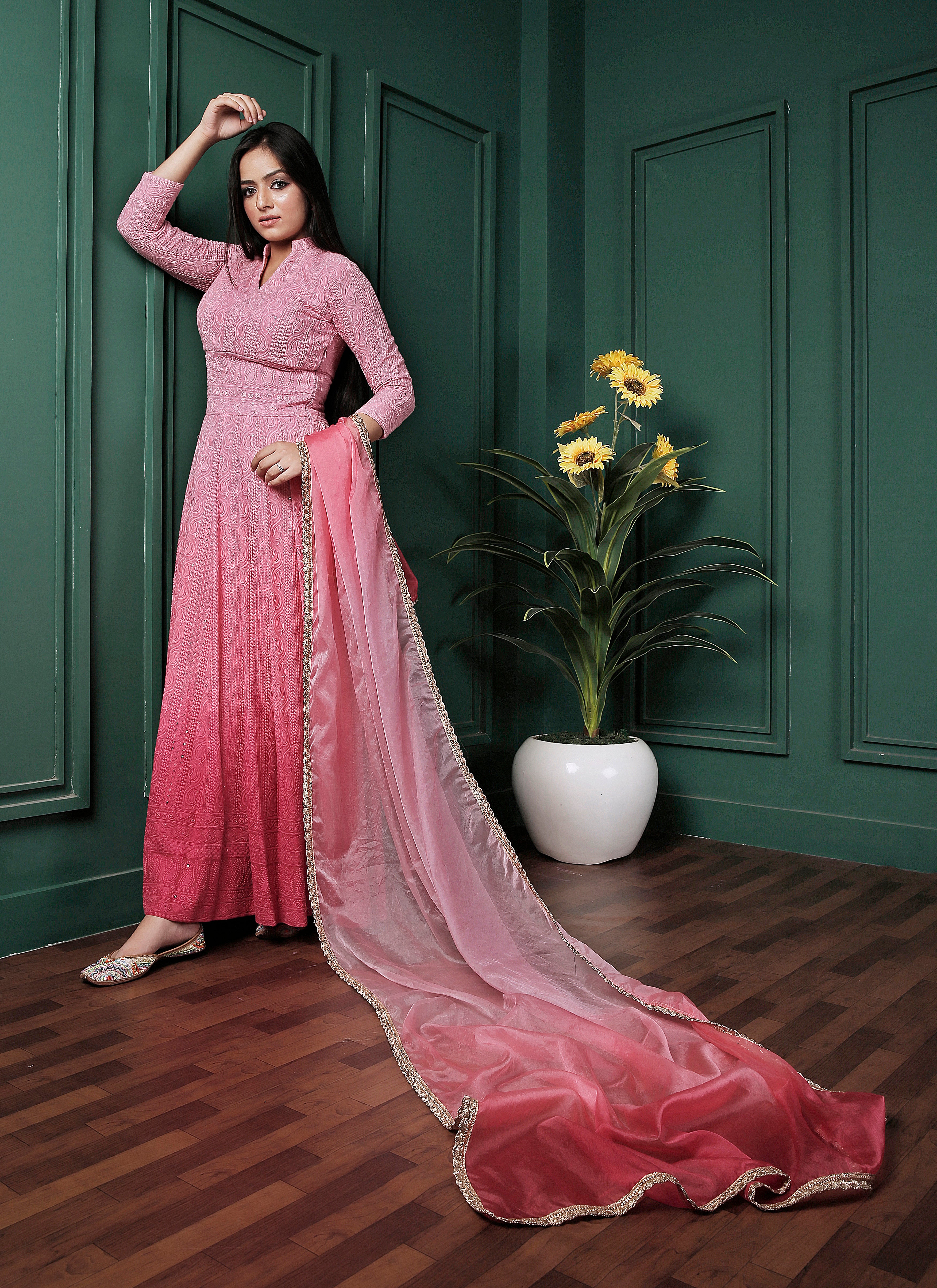 Saadgi Pure Georgette Light Pink Ombre Chikankari with Sequin work Stitched Anarkali with pure crape lining and dupatta, chicken, chikan kurti, chikan suit, chikankari kurta for women, chikankari kurta, chikankari kurta set, chikankari short kurti, chikankari suit set, gharara, chikankari suits, hand crafted, lakhnavi kurti, lucknowi chikankari kurti, lucknowi kurti, lucknowi chikankari