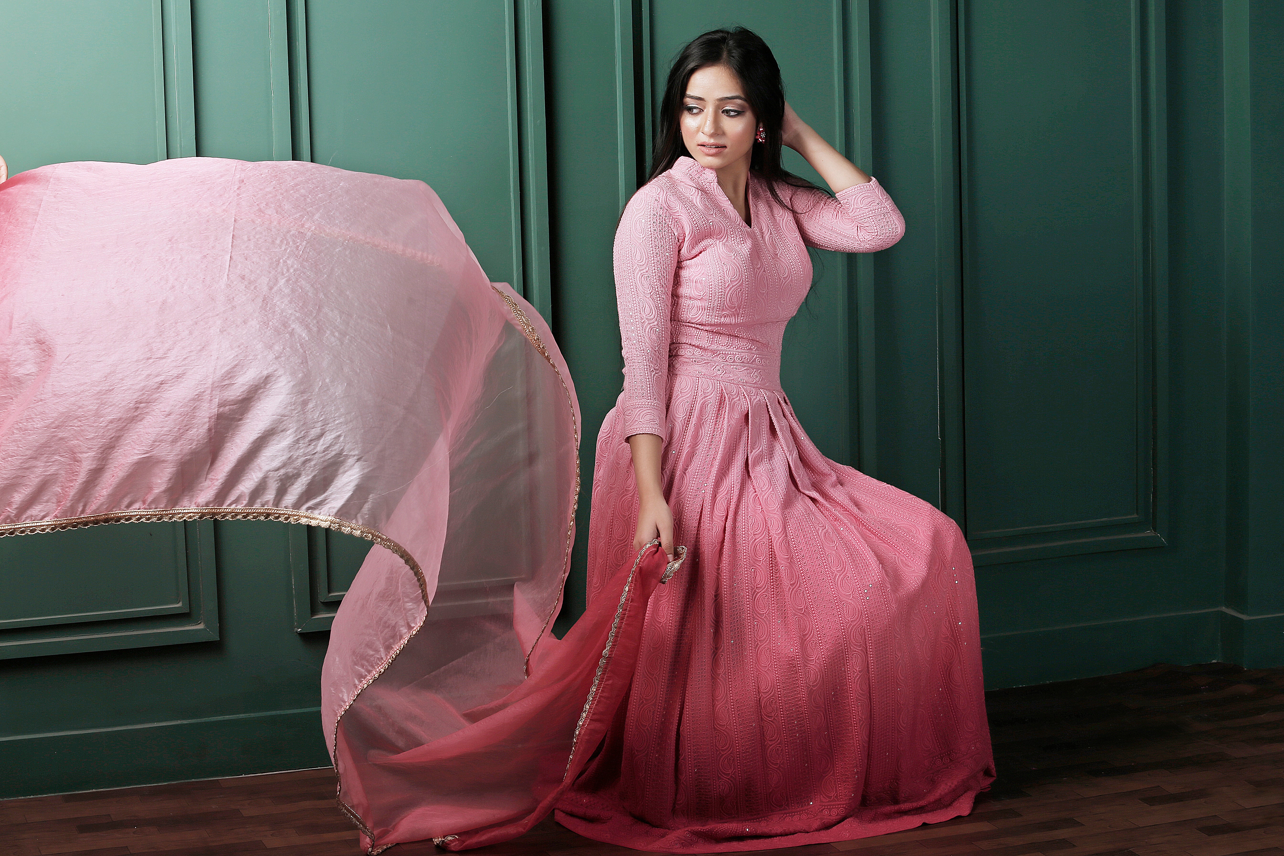 Saadgi Pure Georgette Light Pink Ombre Chikankari with Sequin work Stitched Anarkali with pure crape lining and dupatta, chicken, chikan kurti, chikan suit, chikankari kurta for women, chikankari kurta, chikankari kurta set, chikankari short kurti, chikankari suit set, gharara, chikankari suits, hand crafted, lakhnavi kurti, lucknowi chikankari kurti, lucknowi kurti, lucknowi chikankari