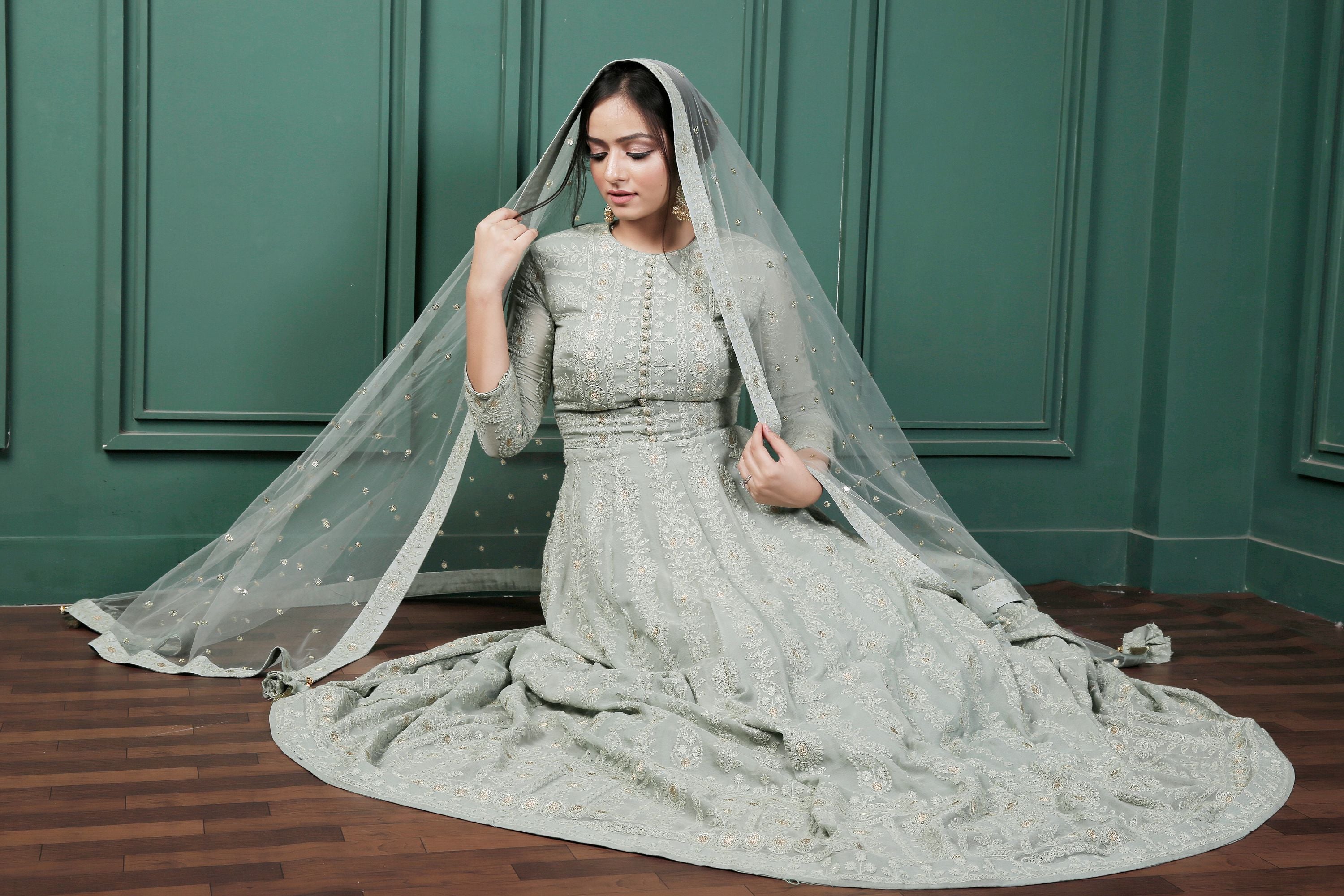 Saadgi Pure Georgette Fern Green Chikankari with Sequin & Zari work Stitched Anarkali with pure crape lining and Dupatta, chicken, chikan kurti, chikan suit, chikankari kurta for women, chikankari kurta, chikankari kurta set, chikankari short kurti, chikankari suit set, gharara, chikankari suits, hand crafted, lakhnavi kurti, lucknowi chikankari kurti, lucknowi kurti, lucknowi chikankari