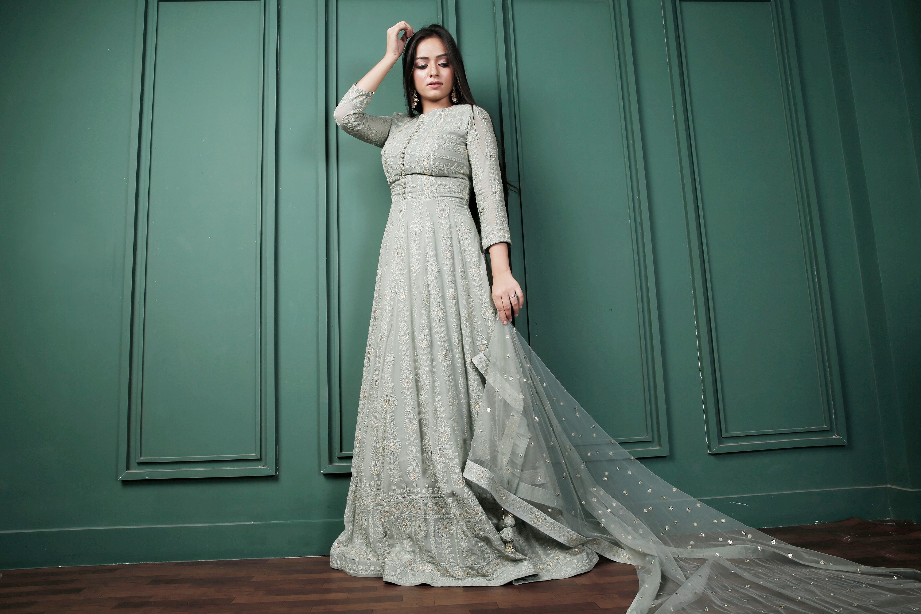 Saadgi Pure Georgette Fern Green Chikankari with Sequin & Zari work Stitched Anarkali with pure crape lining and Dupatta, chicken, chikan kurti, chikan suit, chikankari kurta for women, chikankari kurta, chikankari kurta set, chikankari short kurti, chikankari suit set, gharara, chikankari suits, hand crafted, lakhnavi kurti, lucknowi chikankari kurti, lucknowi kurti, lucknowi chikankari
