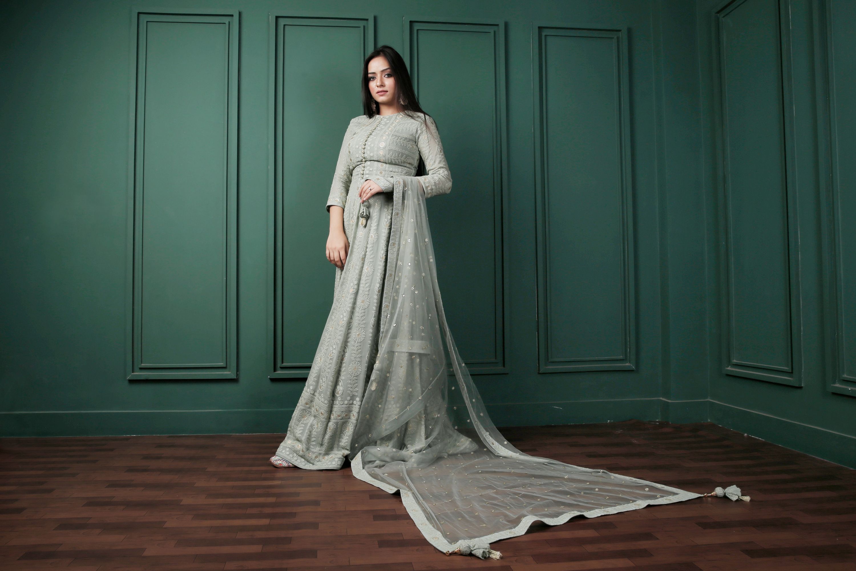 Saadgi Pure Georgette Fern Green Chikankari with Sequin & Zari work Stitched Anarkali with pure crape lining and Dupatta, chicken, chikan kurti, chikan suit, chikankari kurta for women, chikankari kurta, chikankari kurta set, chikankari short kurti, chikankari suit set, gharara, chikankari suits, hand crafted, lakhnavi kurti, lucknowi chikankari kurti, lucknowi kurti, lucknowi chikankari